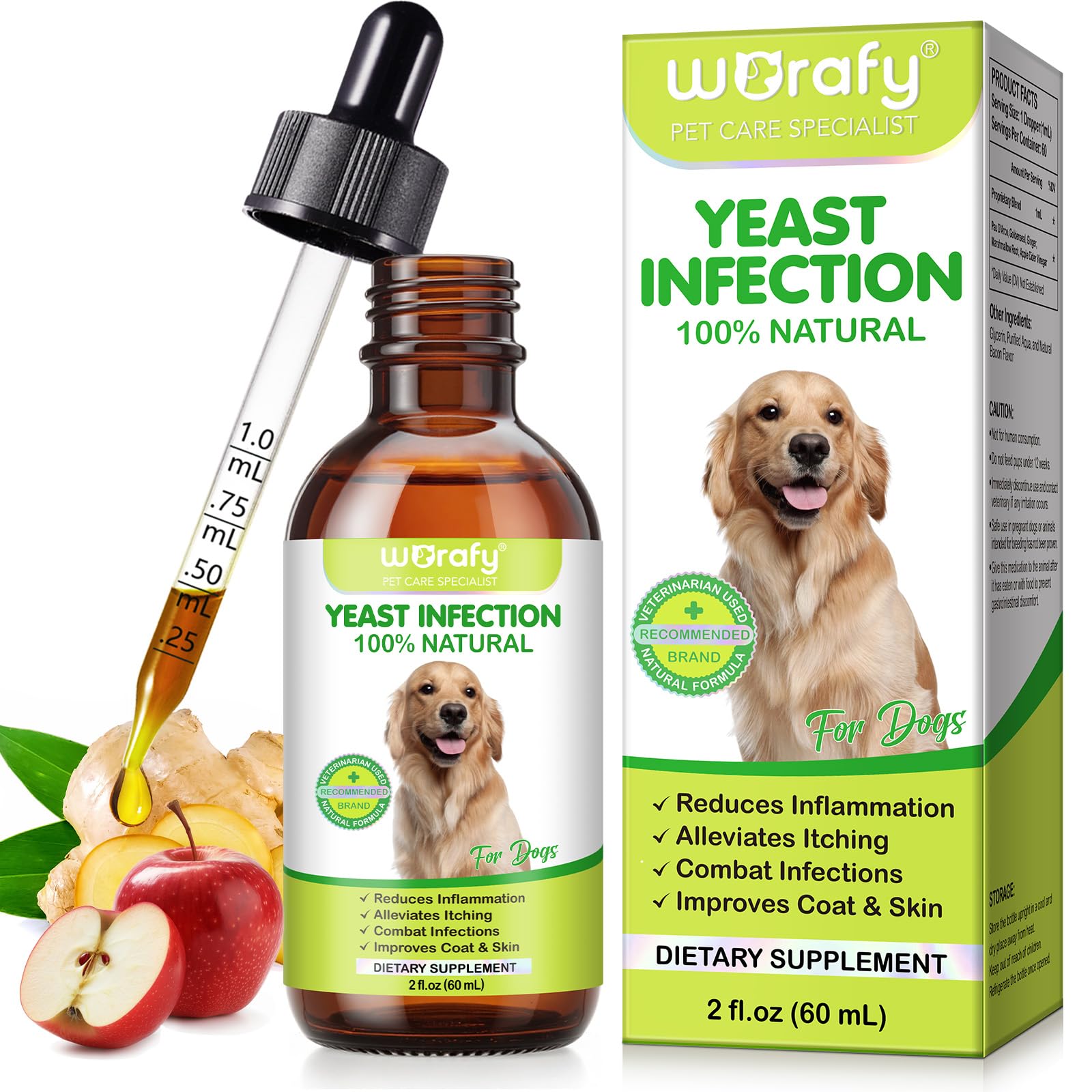 Gocce per Infezioni da Lieviti per Cani, Nelle Orecchie e Sulla Pelle - Sollievo da Prurito, Arrossamento e Odore, Supporta la Salute Generale Della Pelle e del Mantello, 60ml