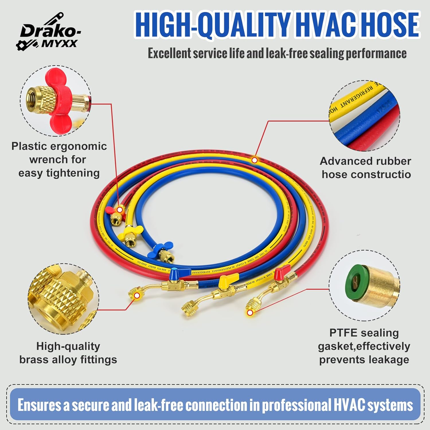 Upgraded 1/4" A2L Refrigerant Hose, 72" HVAC Hoses, Compact Ball Valve Refrigerant Hose Kit for R-1234YF R-134A R-410A Standard 1/4" x 1/4" Flare Fittings, Yellow/Red/Blue (Pack of 3)