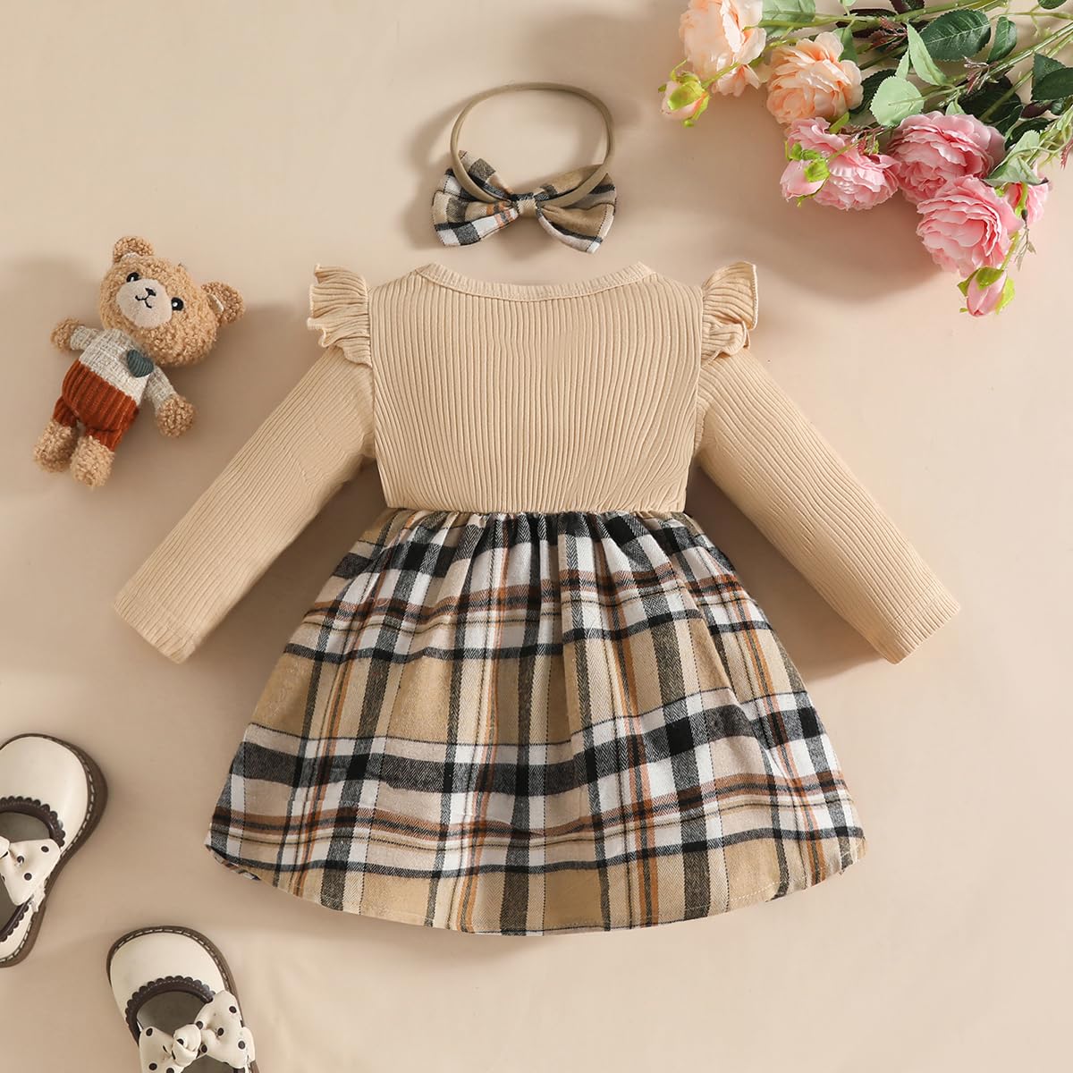 Vêtements Bébé Fille 2 Pièces Barboteuse Robe à Carreaux Manches Longues et Bandeau Ensemble Naissance Jupe Tenues