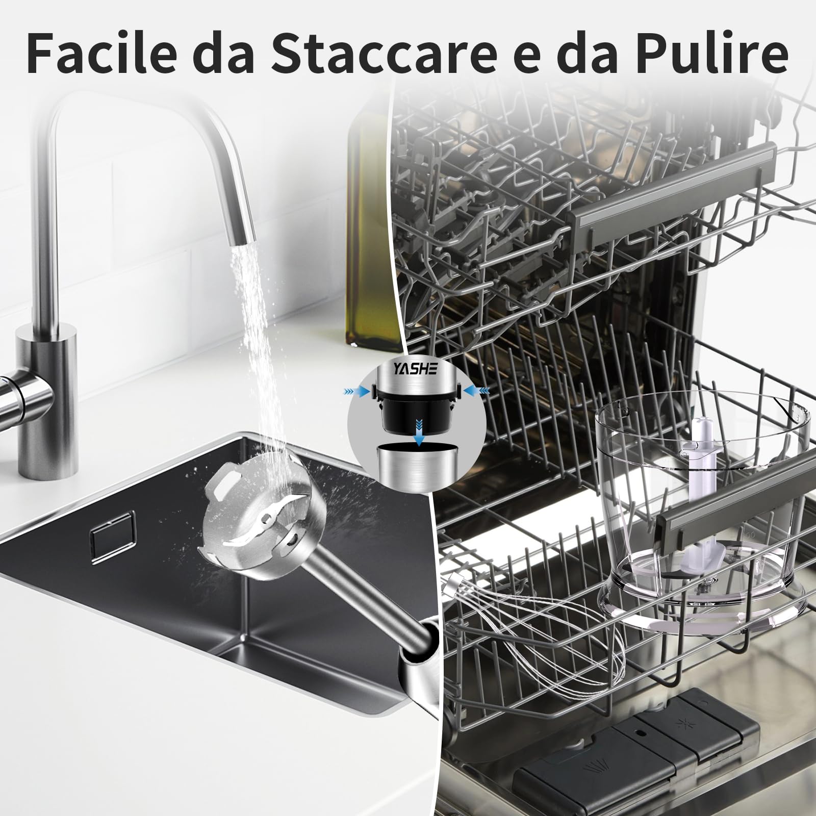 Frullatore a Immersione 5 in 1, Frullatore Elettrico 1000W, Velocità Regolabile Continuamente, Set Frullatore in Acciaio Inossidabile con Tritatutto da 500ml, Bicchiere Graduato, Frusta e Montalatte