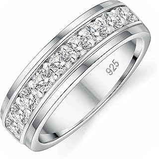 Mens Moissanite Wedding Band 925 Sterling Silver Rings For Men 14K White Gold Plated 1ct D Color VVS1 Clarity Brilliant Lab Created Stone 9 Round Cut Engagement Rings For Him Size 7-14
