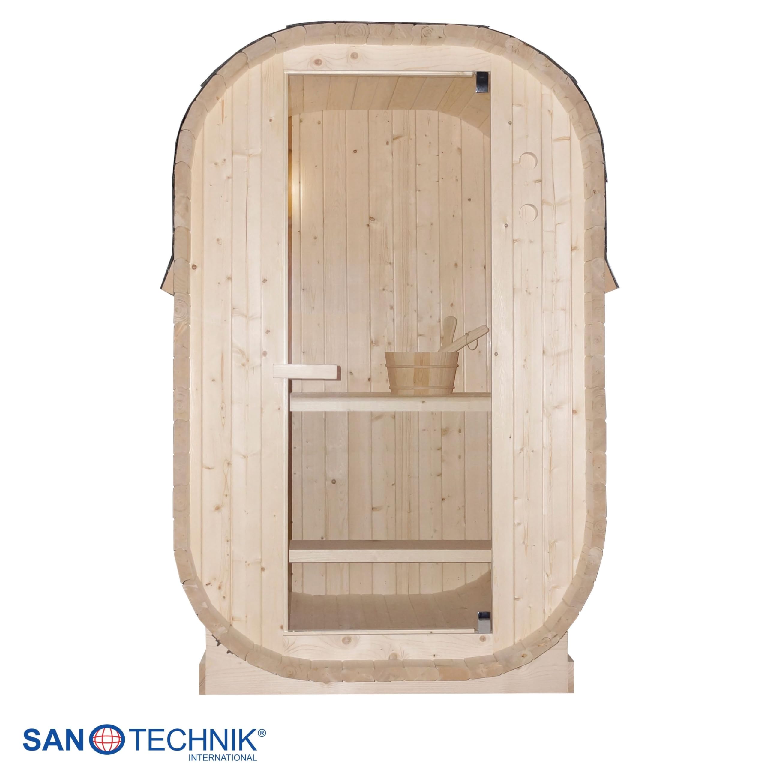 SANOTECHNIK Sauna tonneau d'extérieur Lindholm, 128,2 x 120 x 194 cm, 1-2 personnes, poêle 3,6 kW