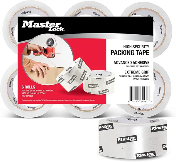 Master Lock Heavy Duty Packing Tape, 2 in x 55 yd, 2.7 Mil Thick Strong Shipping Tape, 6 Clear Tape Rolls