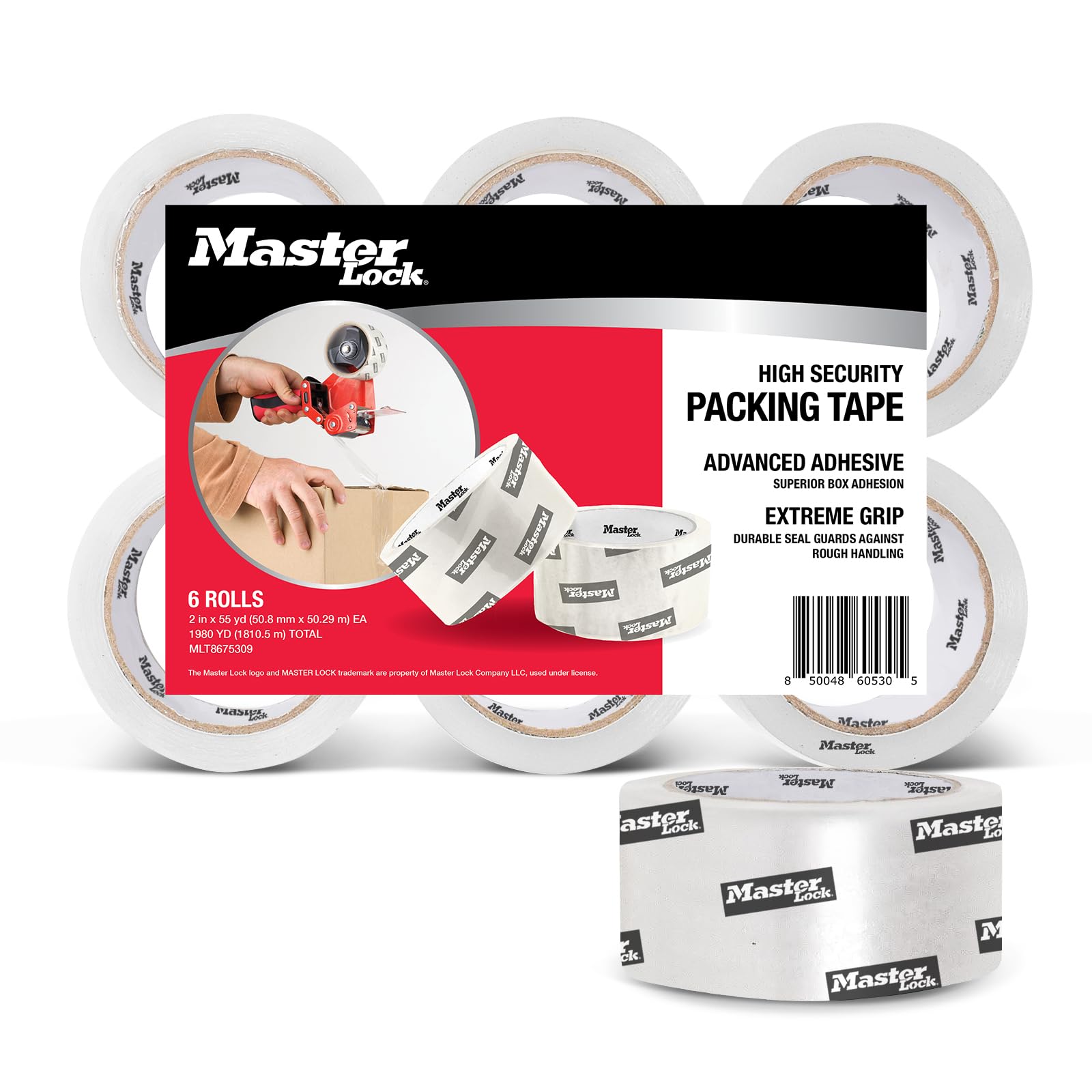 Master Lock Heavy Duty Packing Tape, 2 in x 55 yd, 2.7 Mil Thick Strong Shipping Tape, 6 Clear Tape Rolls