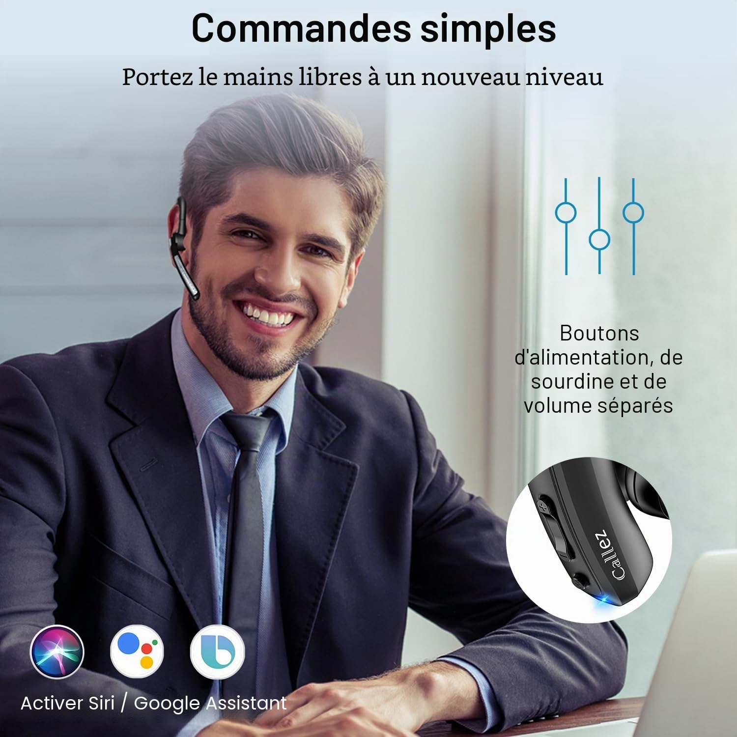 Callez Oreillette Bluetooth sans Fil pour iPhone Samsung Téléphone Portable, Casques Bluetooth Mono Écouteur V5.0 Main Libre avec Double Micro CVC8.0 ENC Antibruit pour Conduite Affaires Bureau