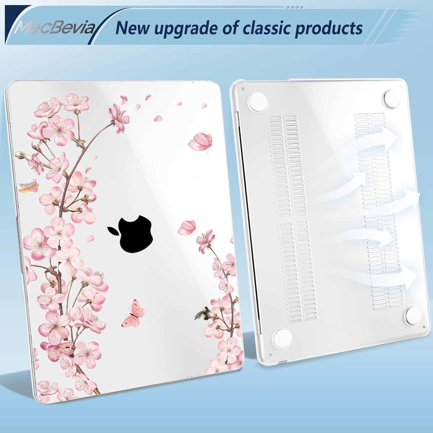 MecBevia Compatible with 2026 M5 MacBook Air 13 inch Case 2026 2025 2024-2022 M5 A3449 M4 A3240 M3 A3113 M2 A2681, Keyboard Cover, Screen Protector, Webcam Cover & Type-C OTG, Butterflies Sakura