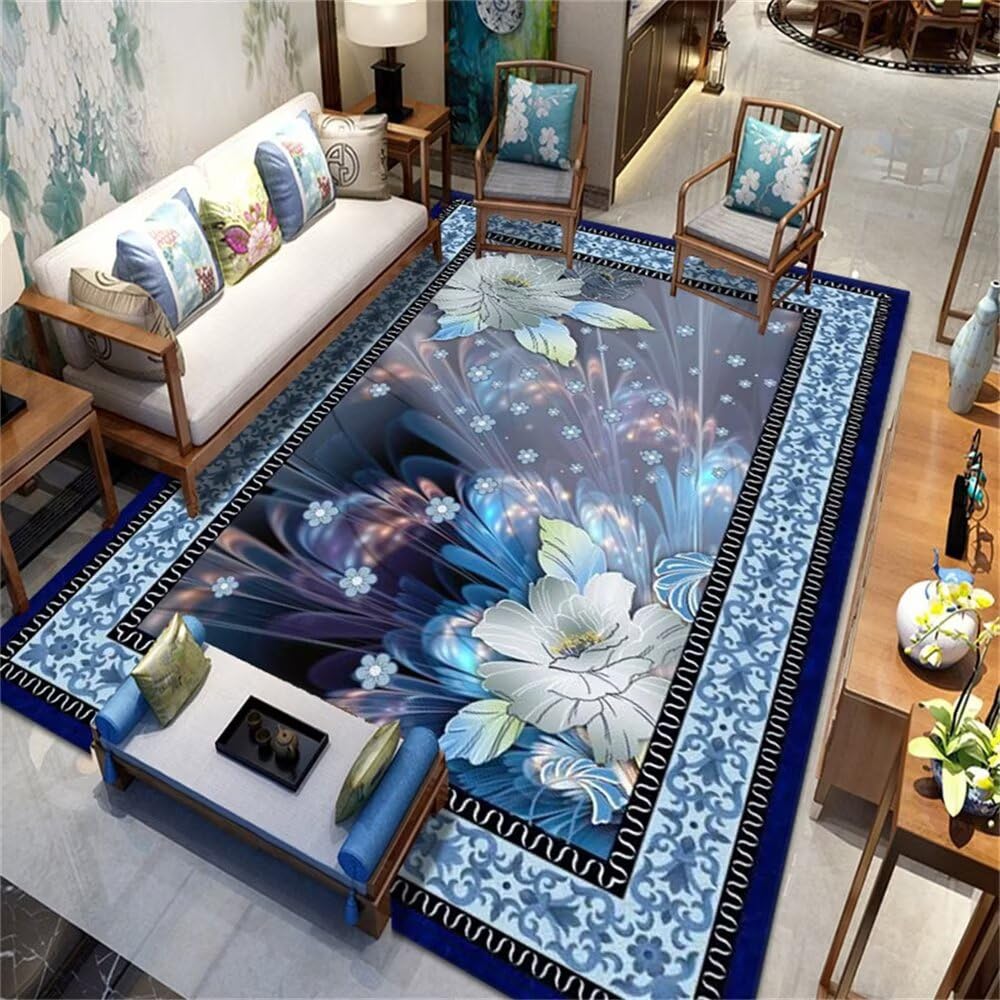 Tapis salon poil court bleu 100x160 tapis de salle à manger fleurs orientales