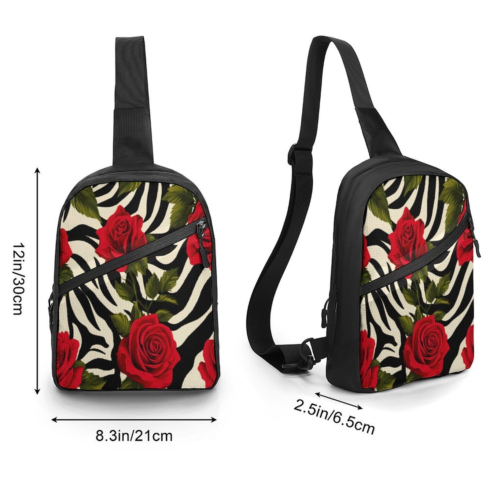 Red Roses on Zebra Background Chest Bag Foldable Crossbody Unisex Pack Travel Hiking Adjustable Shoulder Straps Sling Bags