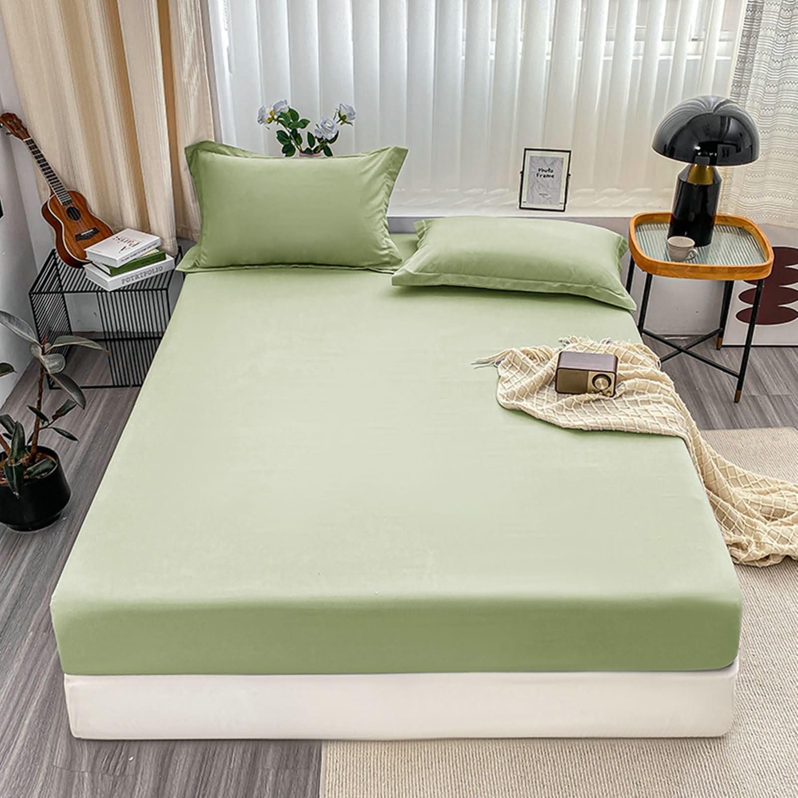 Drap Housse en Polyester Lit Double avec Elastique, Couleur Unie, 180 x 200 x 20 CM, Vert