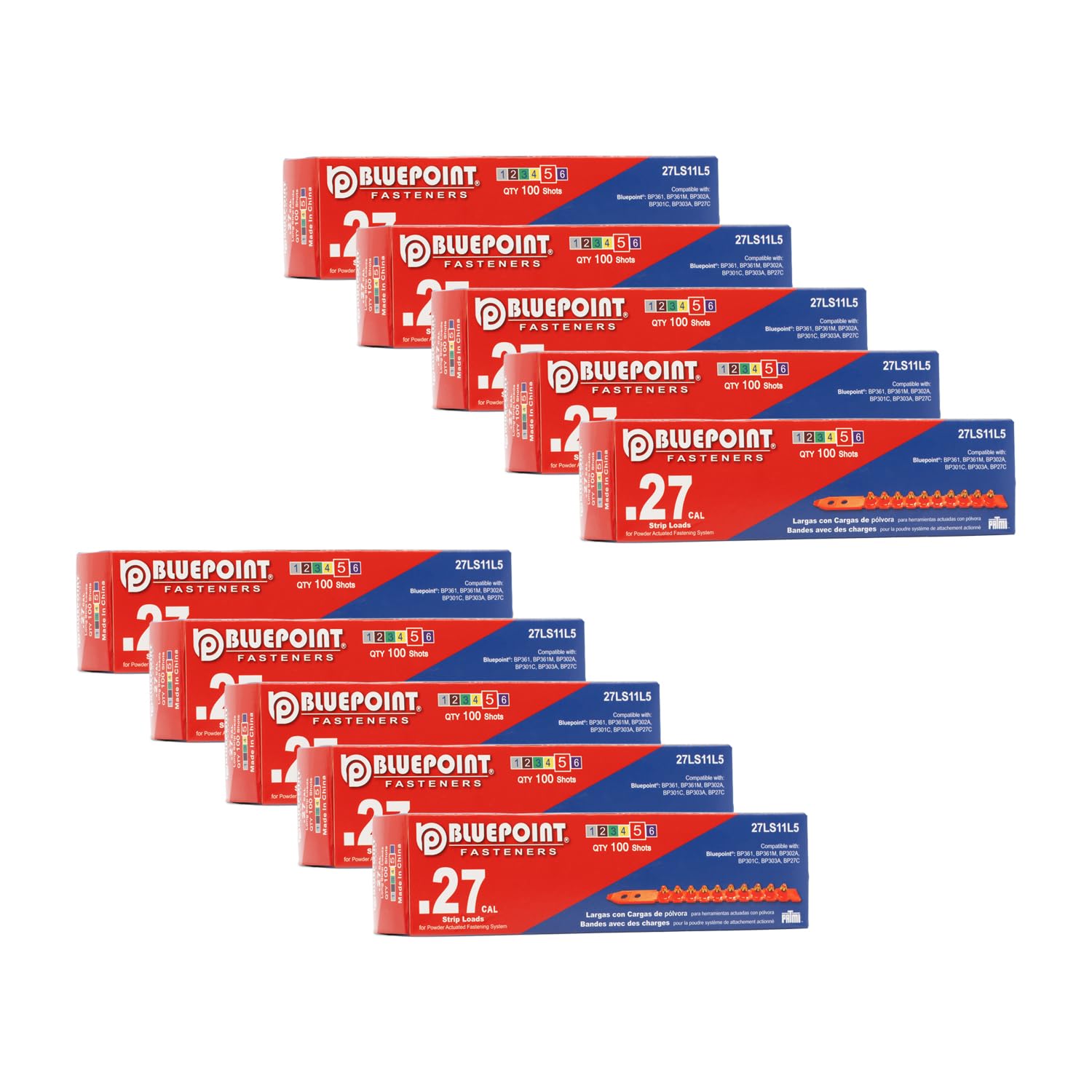 BLUEPOINT .27 Caliber RED Strip Powder Loads for Power Actuated Fastening System (1000 Count). Item#27LS11L5. Ideal for Reliable Fastening Applications. 10-Pack Save $30