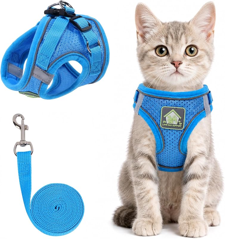 Peitoral para Gatos com Guia, Mesh Leve e Faixa Refletiva NCMAMA Azul XS