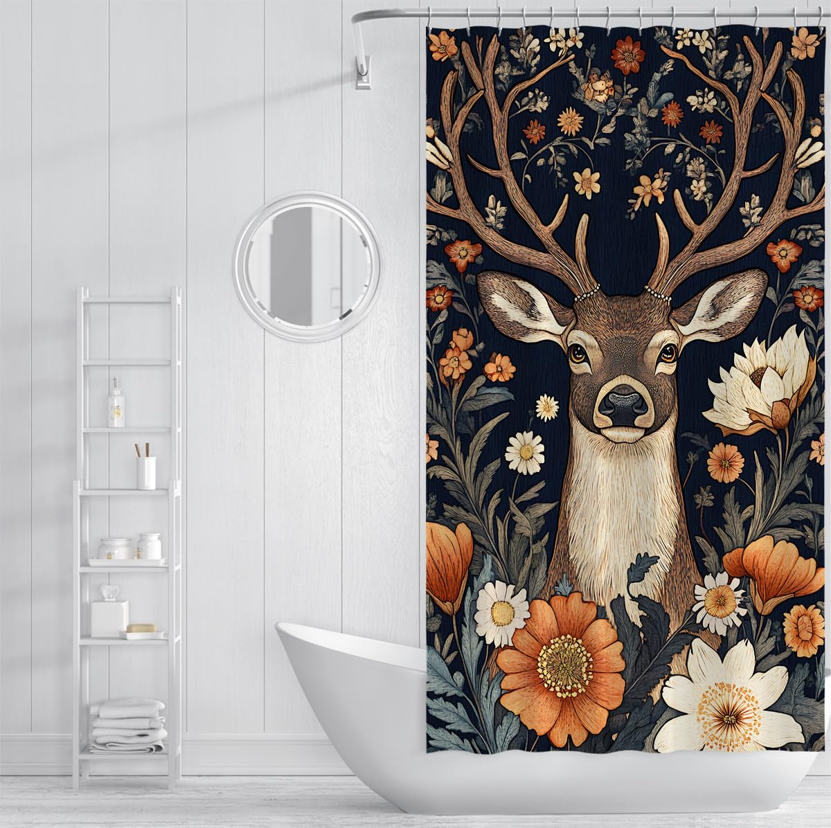 Zasłony prysznicowe Vintage Deer W150 x szer. 200 cm Kwiatowy projekt botaniczny lekki łatwy w pielęgnacji poliester wodoodporny zmywalny wystrój łazienki domu hotelu