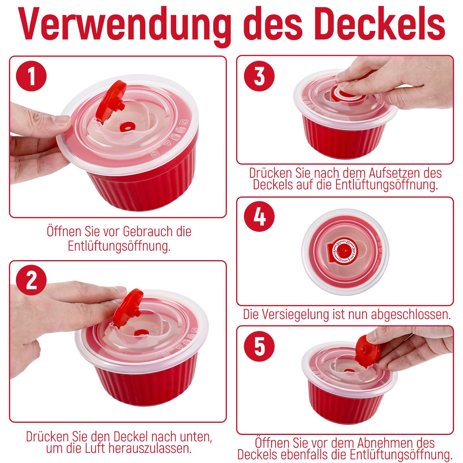 6 Pezzi Ciotole Ceramica Rosse con 6 Coperchi 200 ml 9 x 5 cm, Stampi Soufflé e Ramequin Ceramica per Forno, Dessert, Budino, Antipasti e Pasticceria