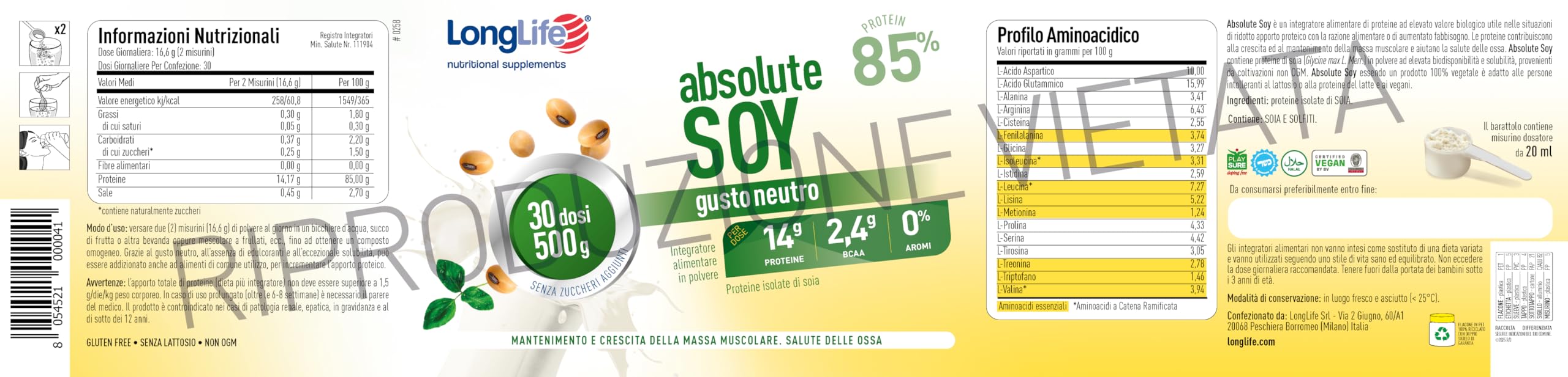 LongLife® Absolute Soy | Proteine isolate di soia 85% | Crescita e mantenimento della massa muscolare | Benessere delle ossa | In polvere | 30 dosi | Vegano e senza glutine