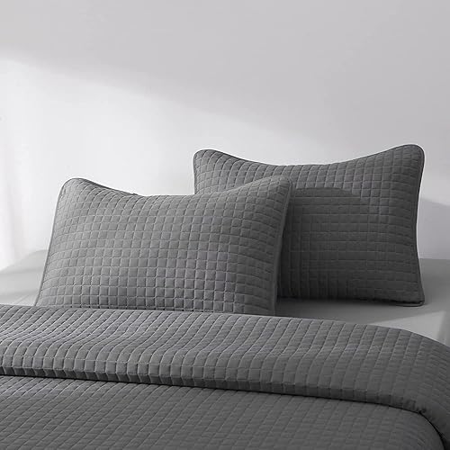 Miniatura 3 de Juego de edredón de pizarra, tamaño Queen, colchas suaves y transpirables, 100% microfibra, colcha ligera con diseño cuadrado Stitich Juego de ropa