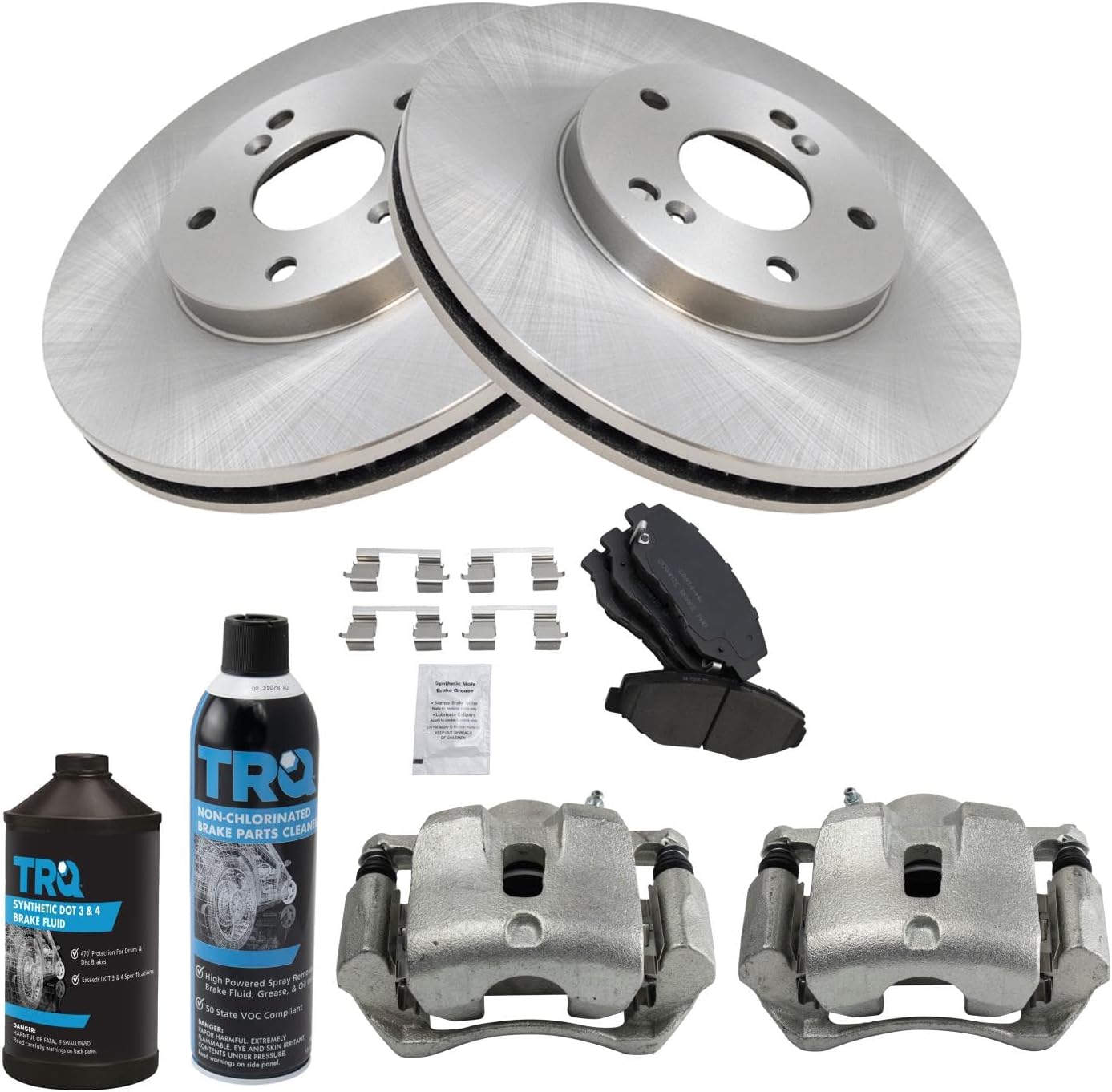 TRQ Front Brake Pad & Rotor Kit Brake Caliper Brake Chemical Kit Brake Pads Brake Rotor Ceramic Compatible with 2003-2008 Honda Pilot
