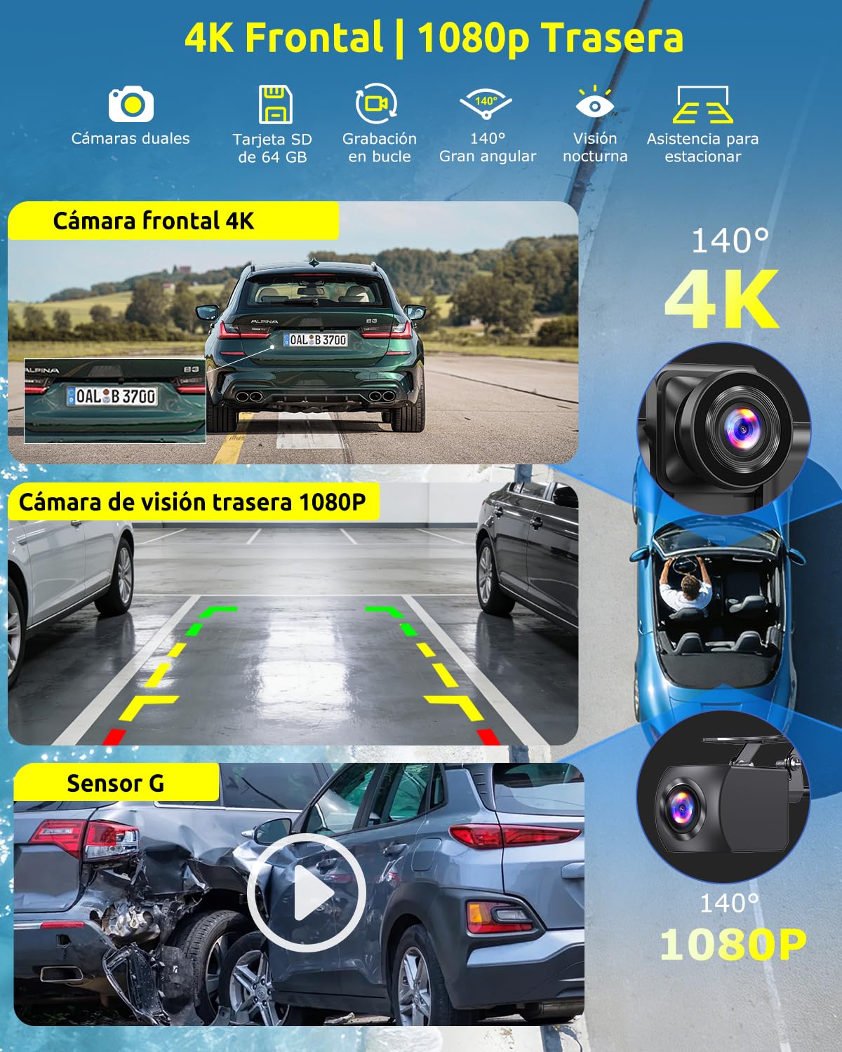 ESSGOO Pantalla Coche 10.26 Pulgadas Carplay y Android Auto Inalámbrico con 4 Sensor de Presión de Neumáticos Cámara Frontal 4K Trasera 1080P,IPS Táctil,Bluetooth,Mirror Link,Control por Voz,64GB TF