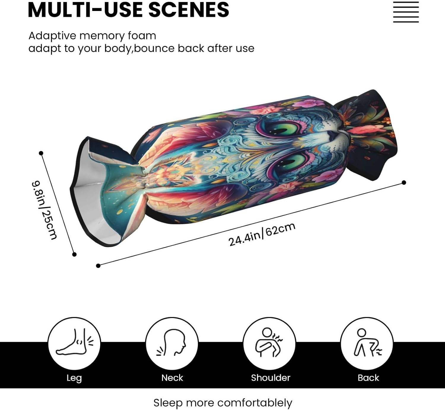 Fantastic and Mysterious cat Cylindrical Pillow-Premium Bed Pillows, Side Sleeper Neck Support, Decorative Candy Design, Soft and Durable