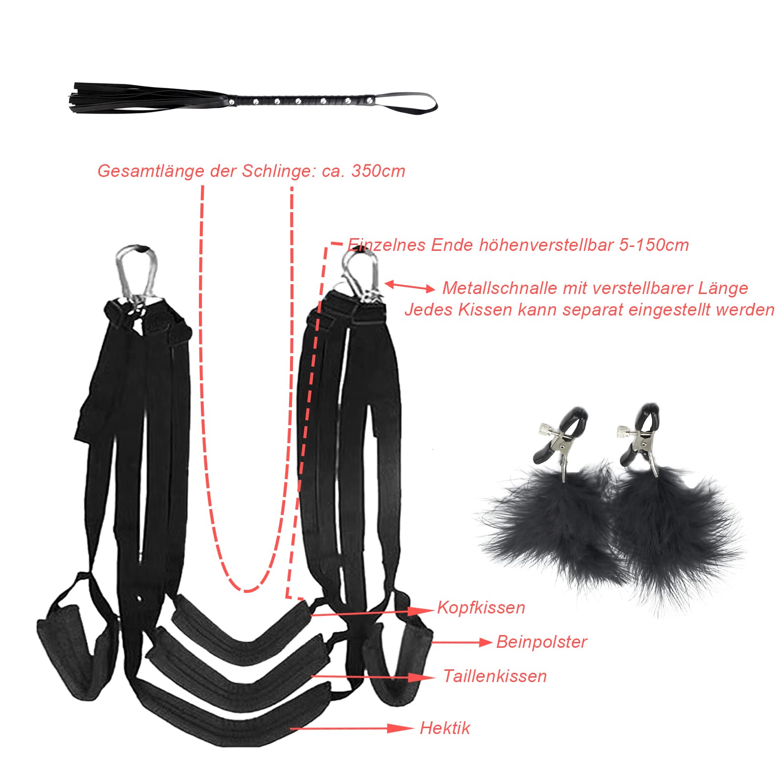 Balançoire Érotique à Fixer au Plafond,Kit de Balançoire d'amour Deluxe avec Fouet et Pinces à Tétons,Set Accessoires,avec 5 Coussinets Charge Maximale 100kg (A)