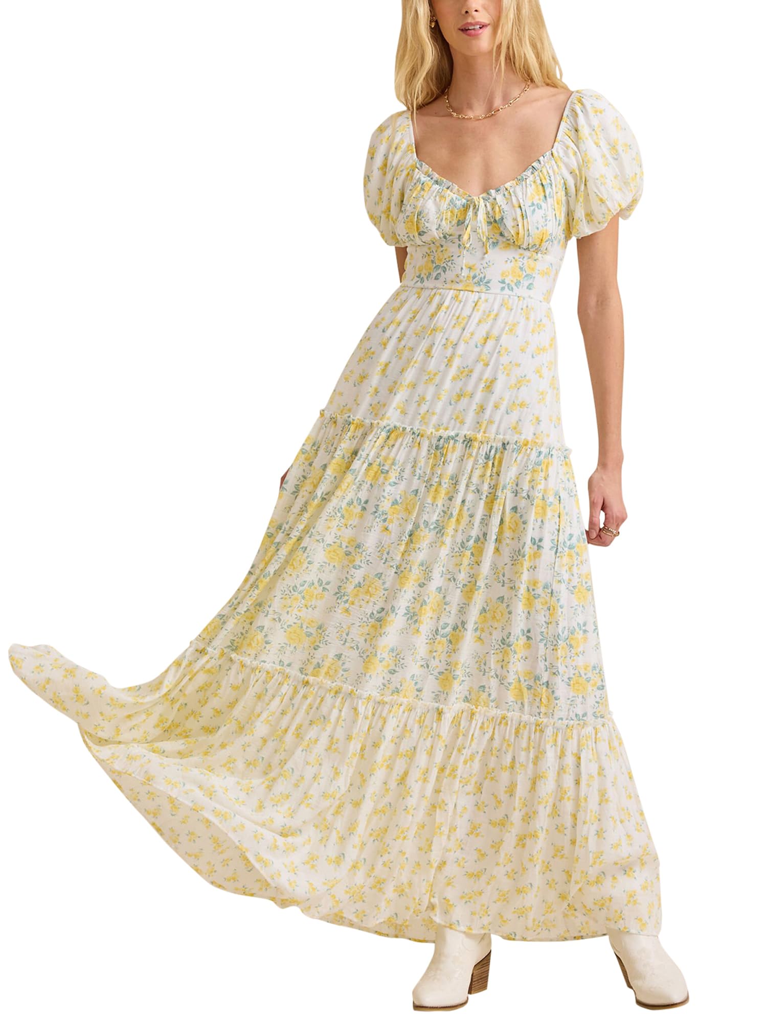 Acrawnni Women's Casual Bohemian Dress Puff Sleeve Square Neck Floral Print Summer A-Line Maxi Dress Beach Holiday Sundress (G-Yellow, S)