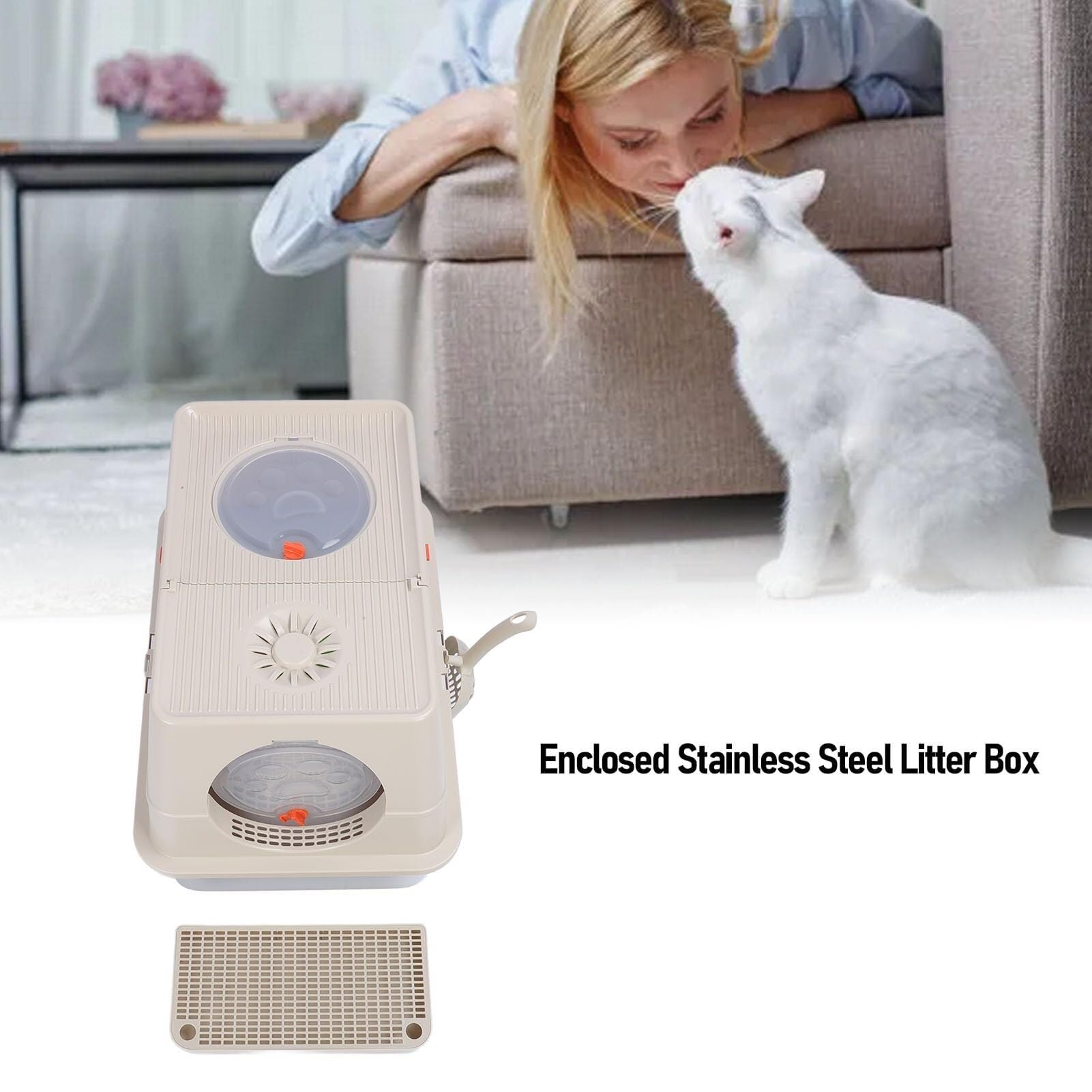 Generic Caja de arena cerrada con capucha para gatos con tapa, bandeja de arena para gatos con capucha de acero inoxidable con pedal, cuchara de arena, privacidad y fácil acceso para la limpieza