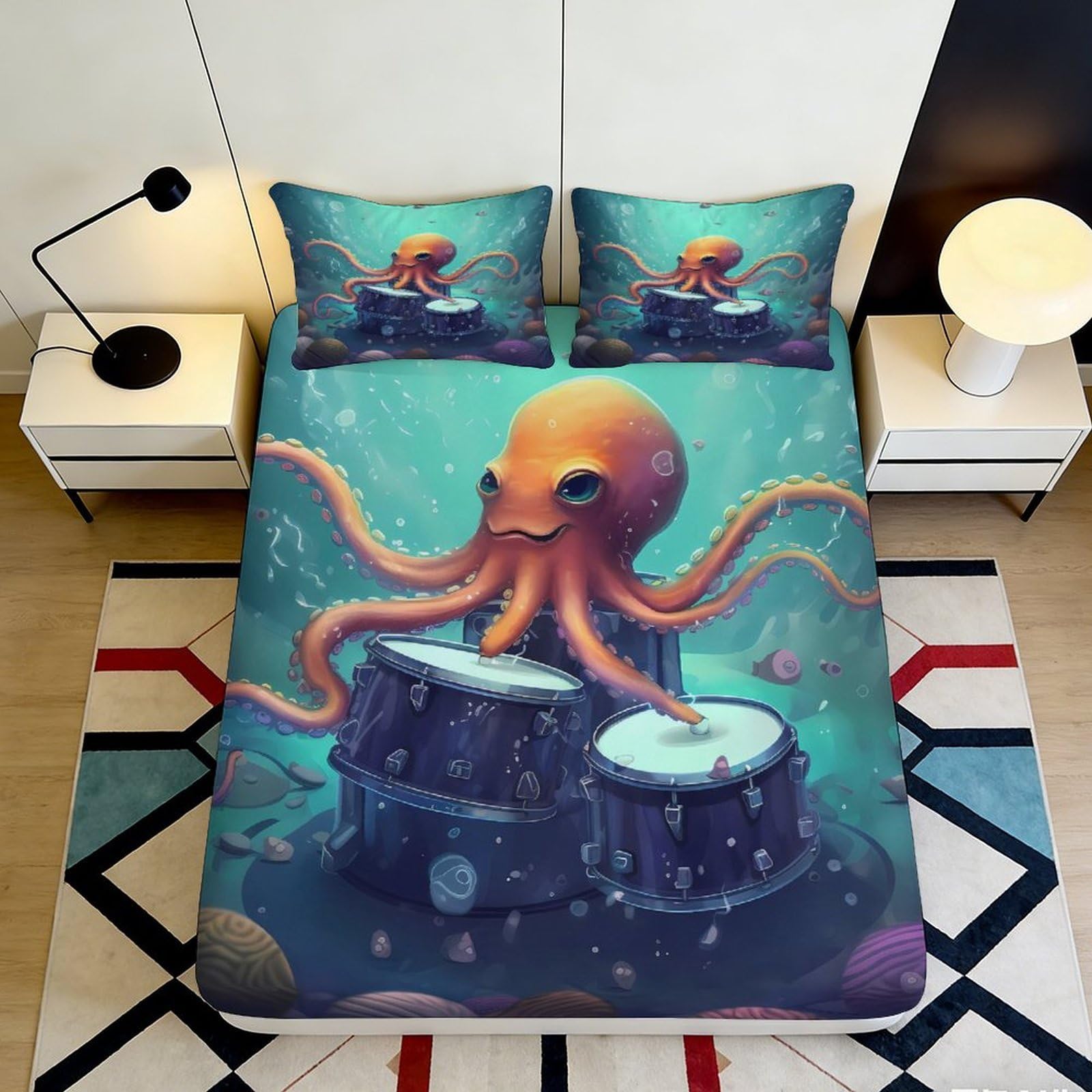 3D Printed Octopus Drum Soft Microfiber Fitted Sheet Blue Underwater Bed Cover for Bedroom Dormitory Guest Room Mattress Protection 90x200x25cm