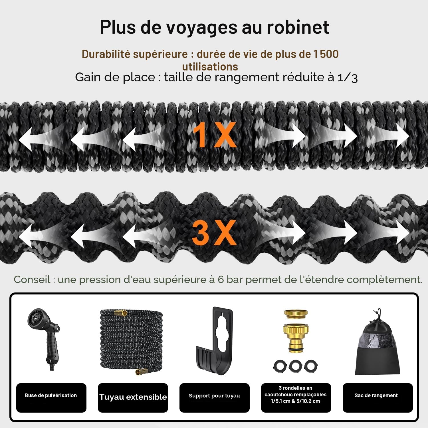 Tuyau Arrosage Extensible 30 m, Disdarkday Tuyau D’arrosage Extensible avec 1/2" et 3/4" Adaptateurs, 10 Modes d'Arrosage, Latex Triple Épaisseur Durable avec Raccords et Sac, Noir