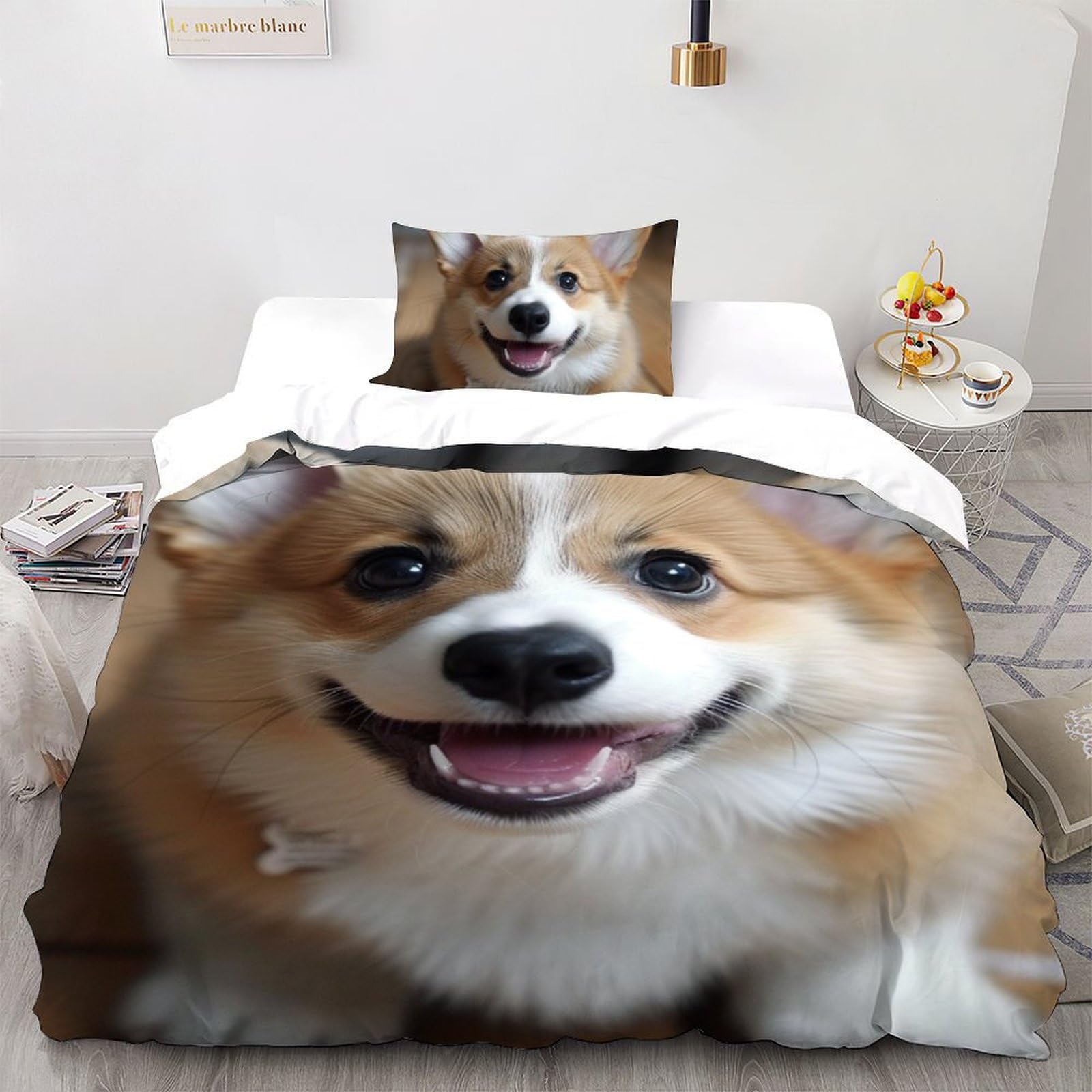 Housse de couette Corgi 135x200 cm avec taie d'oreiller en microfibre pour lit simple