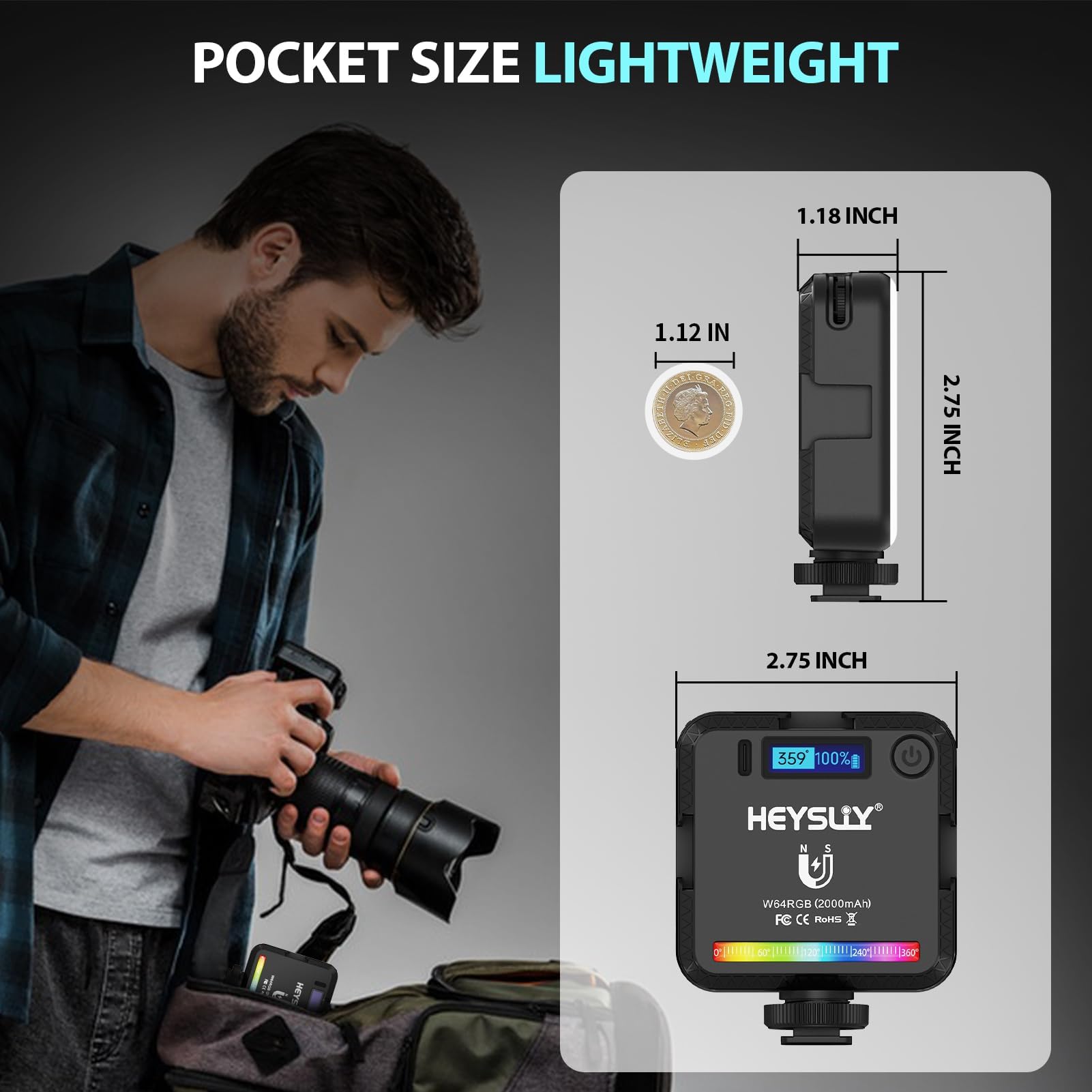Heysliy LED-cameramelicht – RGB Full Colour – 2500-9000K, Dimbaar – 2000 MAh Batterij – Met Statief En Clip – CRI 95+ – 73 LEDs – 94 Gram