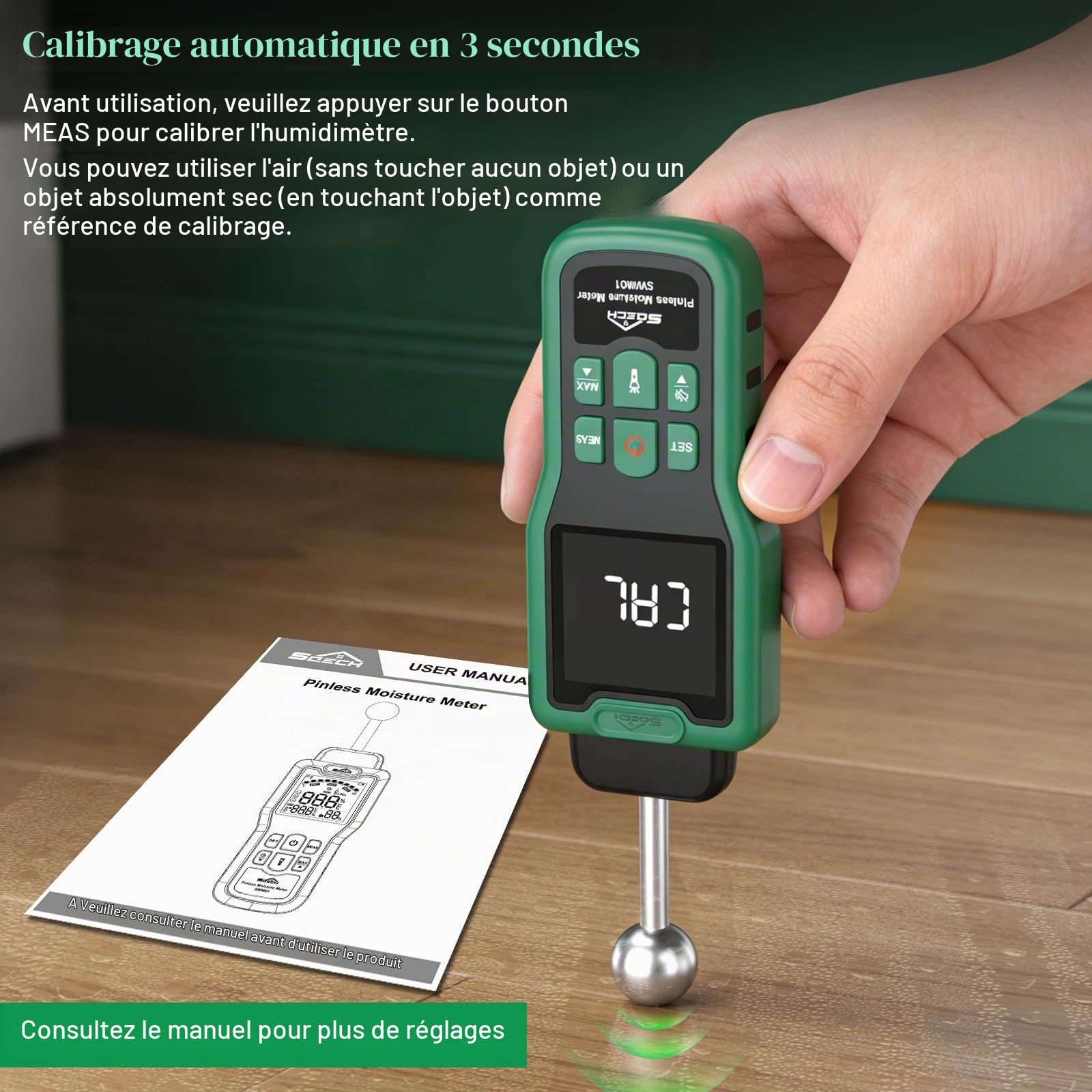 Testeur Humidité, SQECH Humidimetre Mur avec Thermomètre, Lampe de Poche | Détecteur Humidité Multifonction avec écran LCD Couleur, Alarme, pour Mur, Bois, Béton