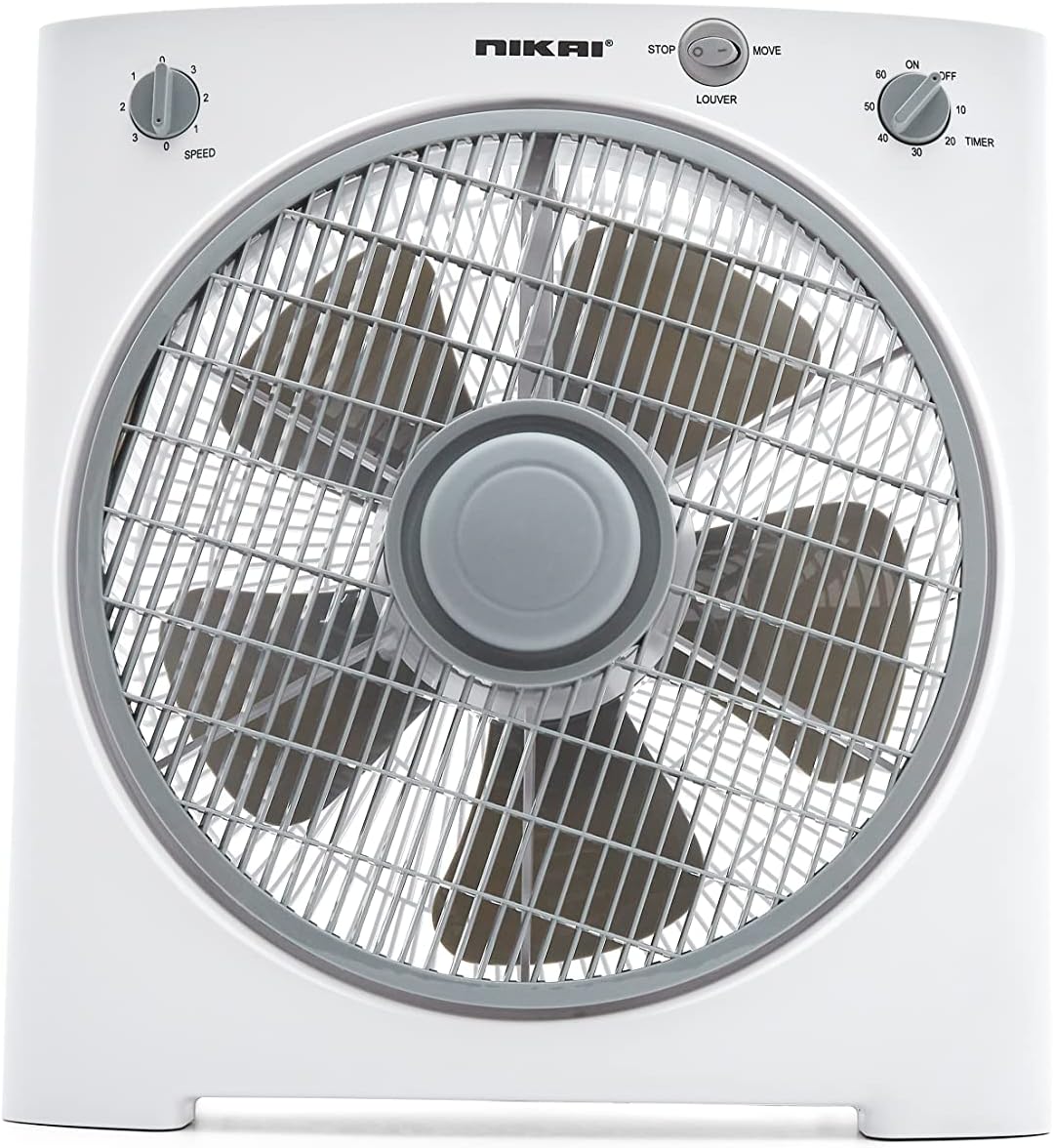 12 Inch Box Fan with Timer, 40W, 5 PP Blades, 3 Speeds, Rotating Grill, 60-Min Timer, Energy-Efficient, Child Safe Personal Desk Fan, Ideal for Office, & Home - NF755N22 years warranty