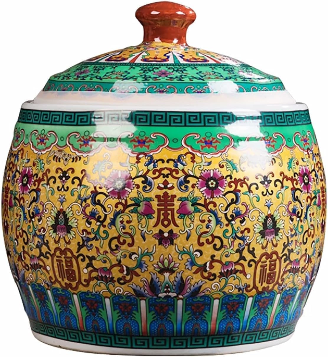 ELEFOCUS Ceramic Rice Storage Containe Chinese Design Rice Bucket Large Rice Dispenser Sealed Rice Storage Bin with Lid(22lb/10kg)