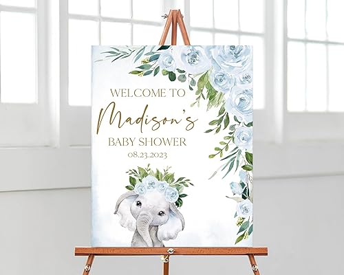 Editable Boy Elephant Baby Shower Welcome Sign, Blue Elephant Baby Shower Sign, Baby Shower Signs, Welcome Baby Shower Sign, Blue Floral Elephant