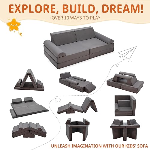 Miniatura 4 de Sofá modular para niños, sofá de juego para sala de juegos, dormitorio de juegos, espuma convertible y cojín de suelo para niños y niñas, gris