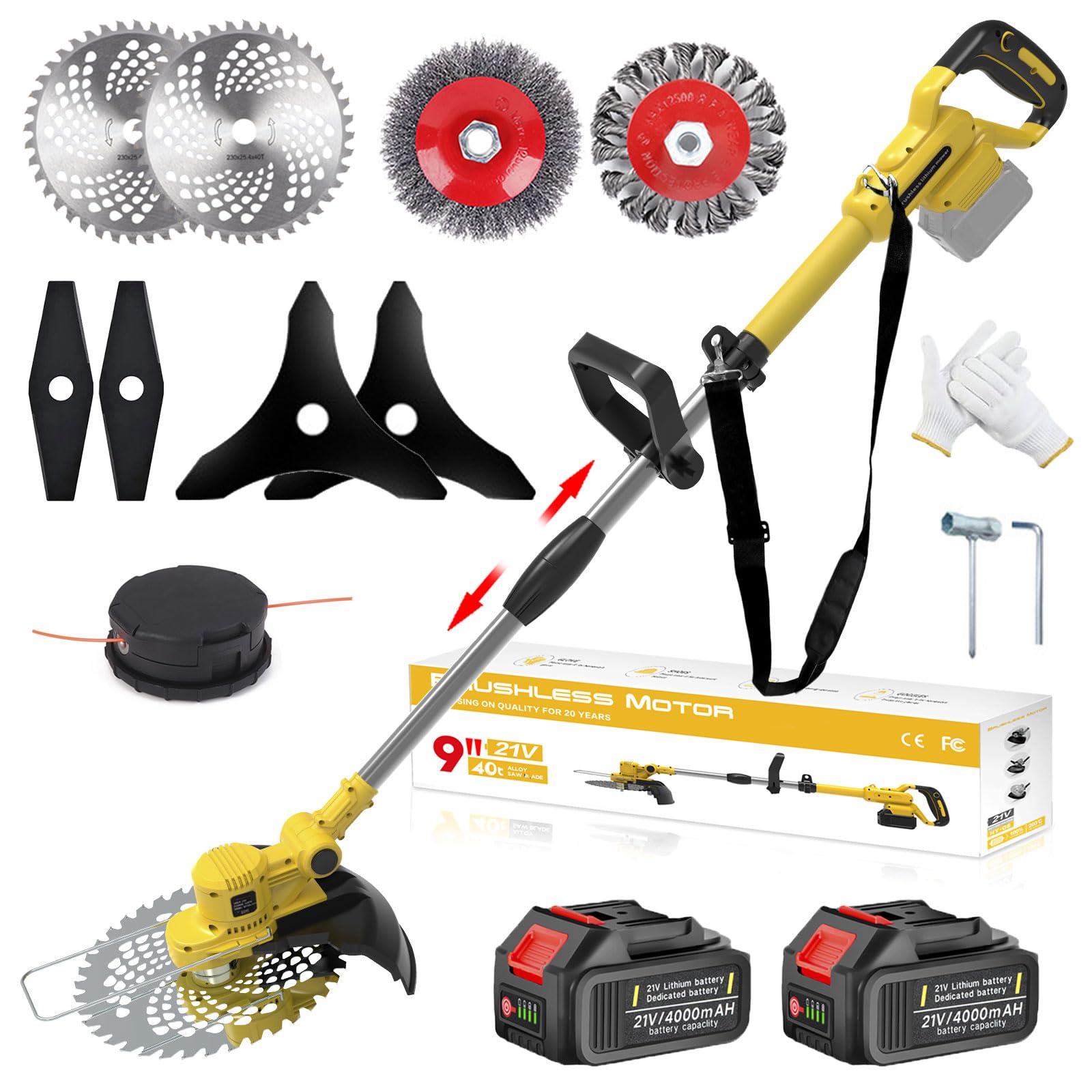 Cordless Grass Trimmer, 4-In-1 Garden Strimmer Cordless with 2 x 4.0Ah Battery and Blades, Cutting width 25cm, Telescopic handle, 90° Head pivots, for Lawn Garden Pruning (Yellow)