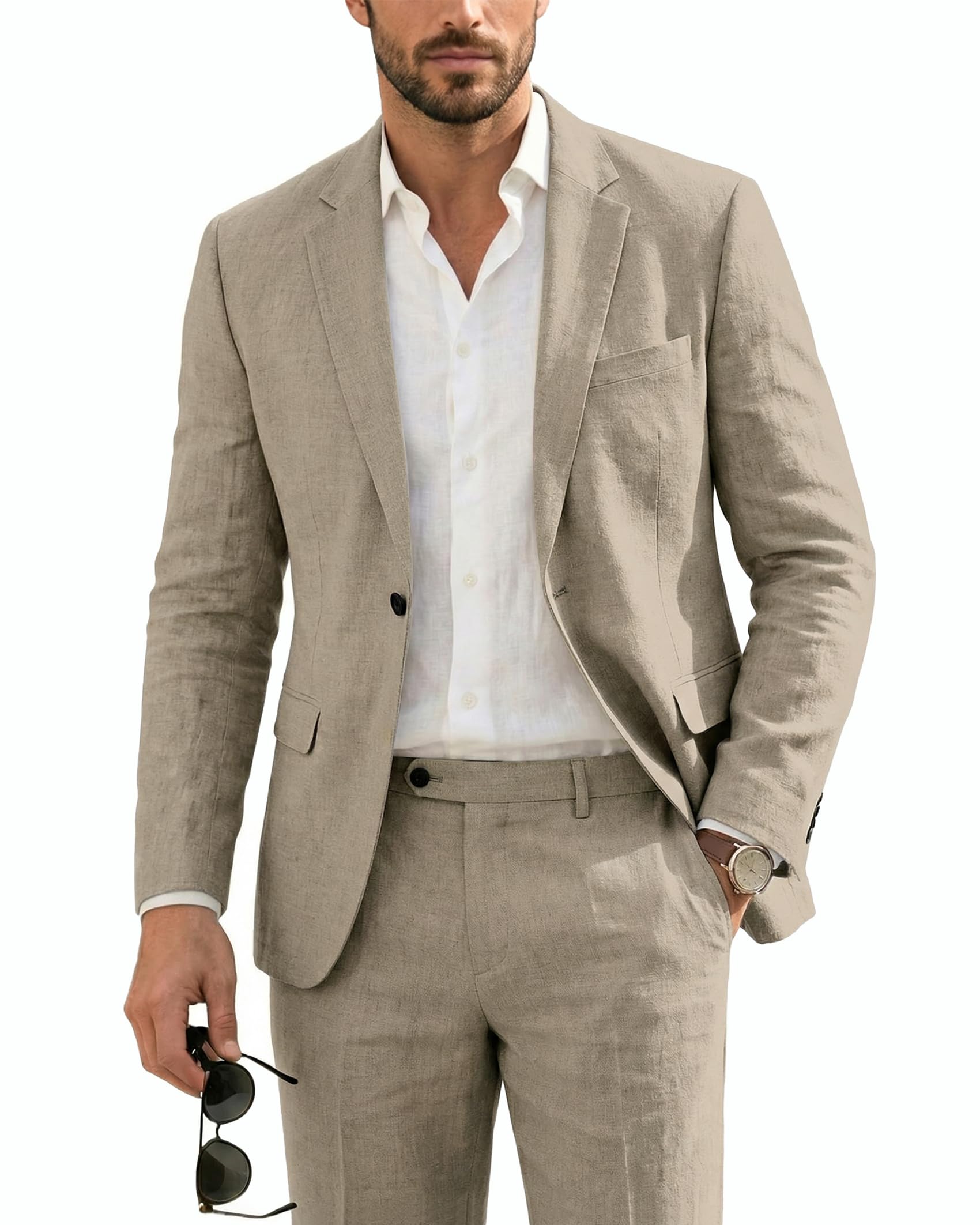 YND Men's 2 Piece Casual Linen Suit Set, Regular Fit Lightweight Blazer Jacket and Pants for Wedding, Business, Party