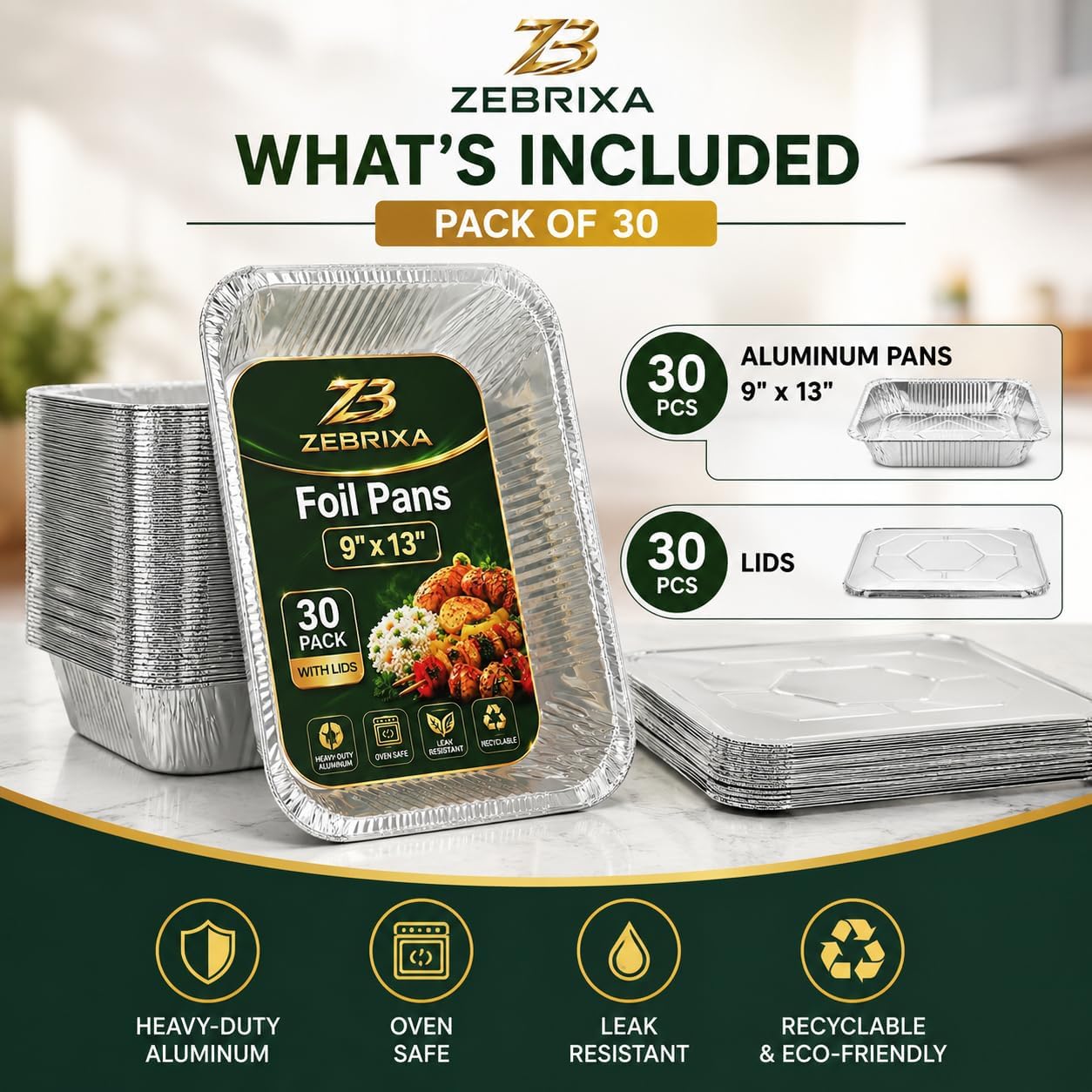 9x13 Aluminum Pans with Lids, 30 Pack (60 Pieces), Extra Heavy Duty Half Size Deep Disposable Foil Food Containers for Baking, Roasting, Cooking, Heating, Meal Prep, Food Storage, Catering & Parties