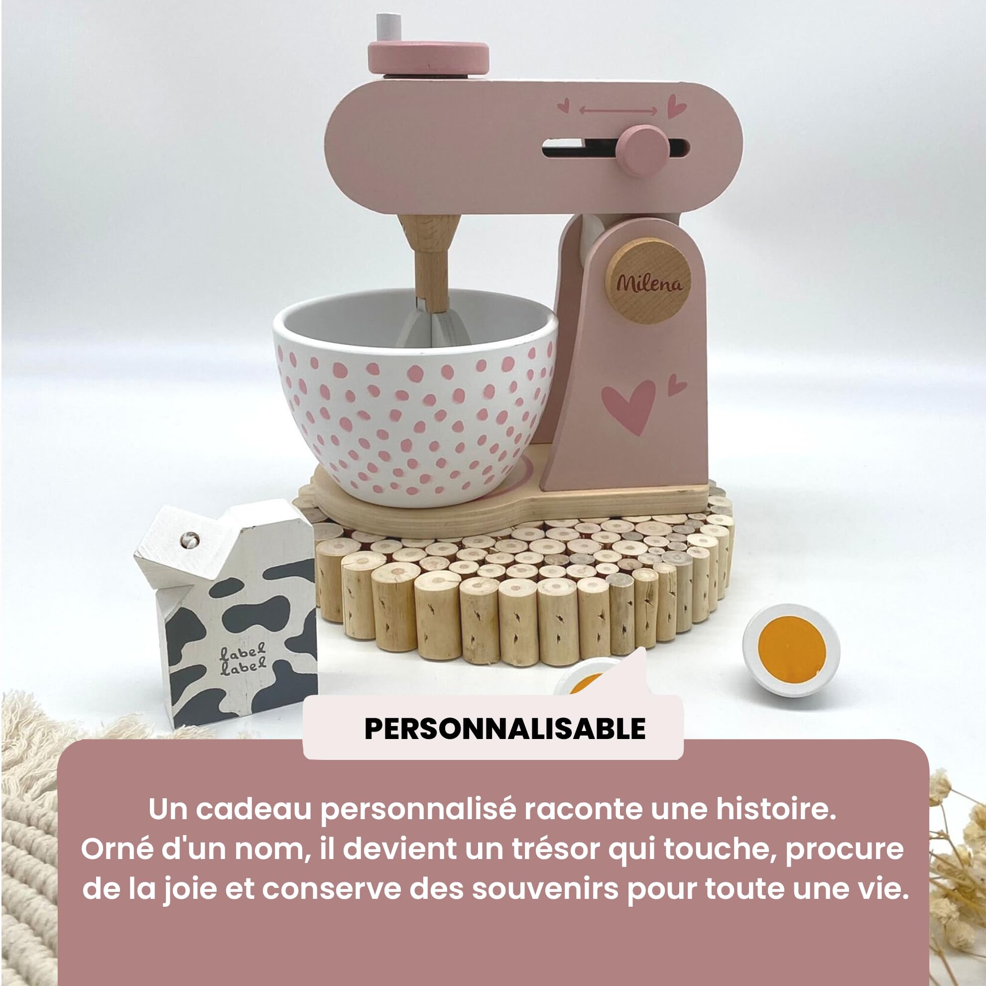 Personnalisable Robot de Cuisine en Bois Rose – avec Fonction mixeur & Bol mélangeur & favorise la créativité – pour Enfants à partir de 3 Ans – personnalisé avec Le prénom – Label Label