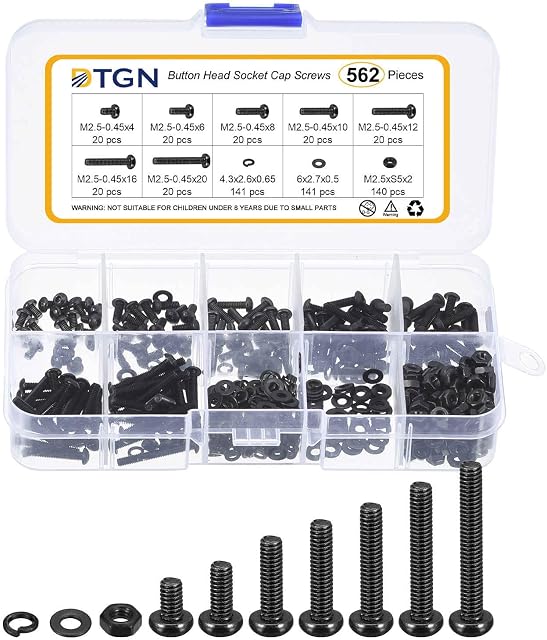 DTGN 562Pcs M2.5-0.45x4/6/8/10/12/16/20mm Button Head Socket Cap Screws - Carbon Steel Bolt Nut Set Washer Assortment Kit - Good for Road Bicycle, Mountain Bike, Auto