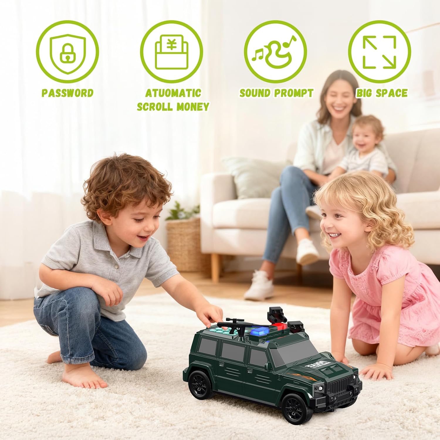 Car Piggy Bank for Kids, Electronic ATM Bank Toy with Password Code Lock and Auto Bill & Coin, Money Savings Box Mini ATM Coin Bank for Boys & Girls Ages 3+, Green