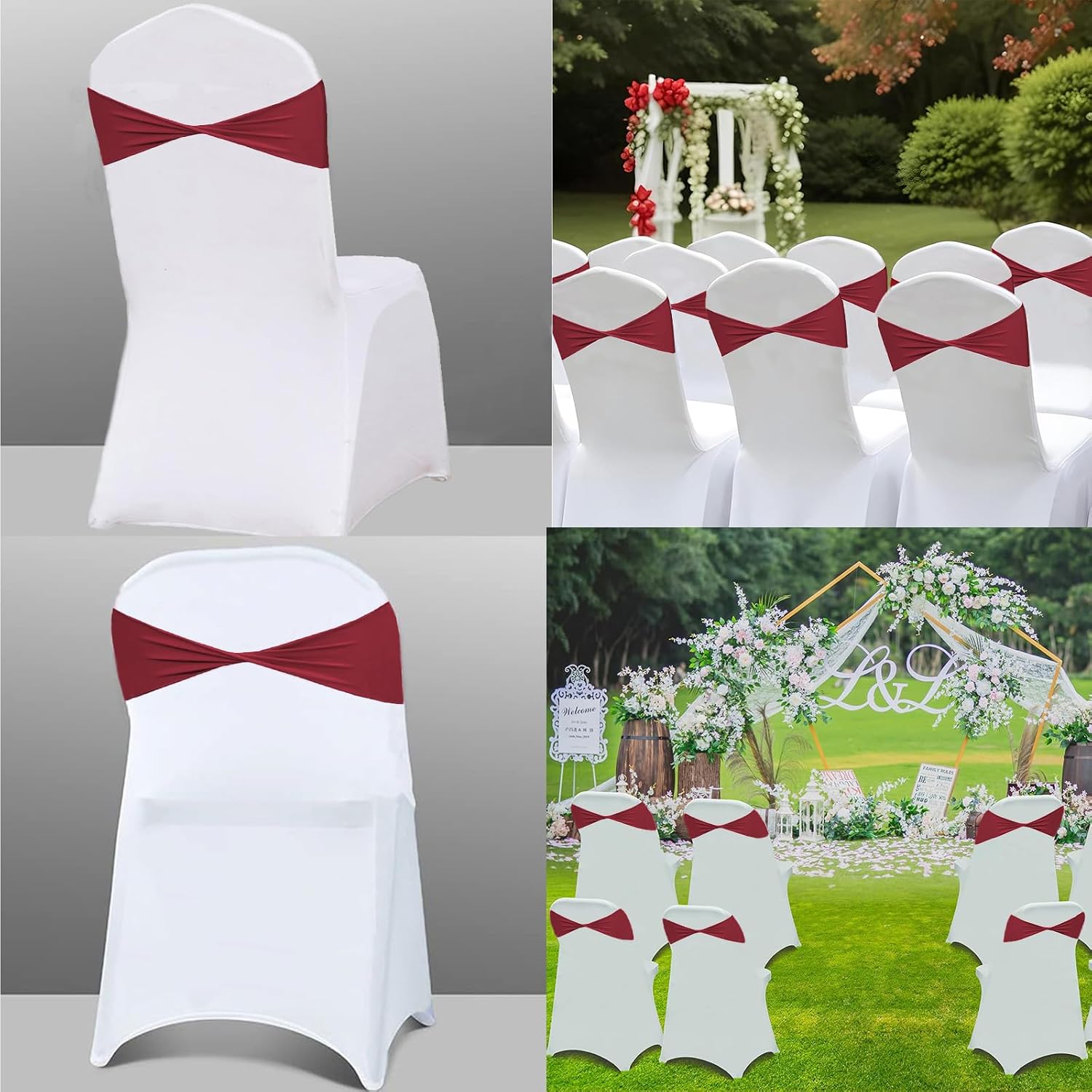Spandex Burgundy Chair Sashes 50 Pcs Burgundy Sashes Bows Elastic Chair Cover Bands Ties Without Buckle for Wedding Party Events Ceremony Birthday