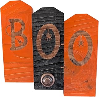 Handmade Wooden BOO Sign | Reclaimed Cedar Wood Halloween Wall Decor | Rustic Laser Engraved Spooky Art | 7x7 Inches (Orange Black Orange)