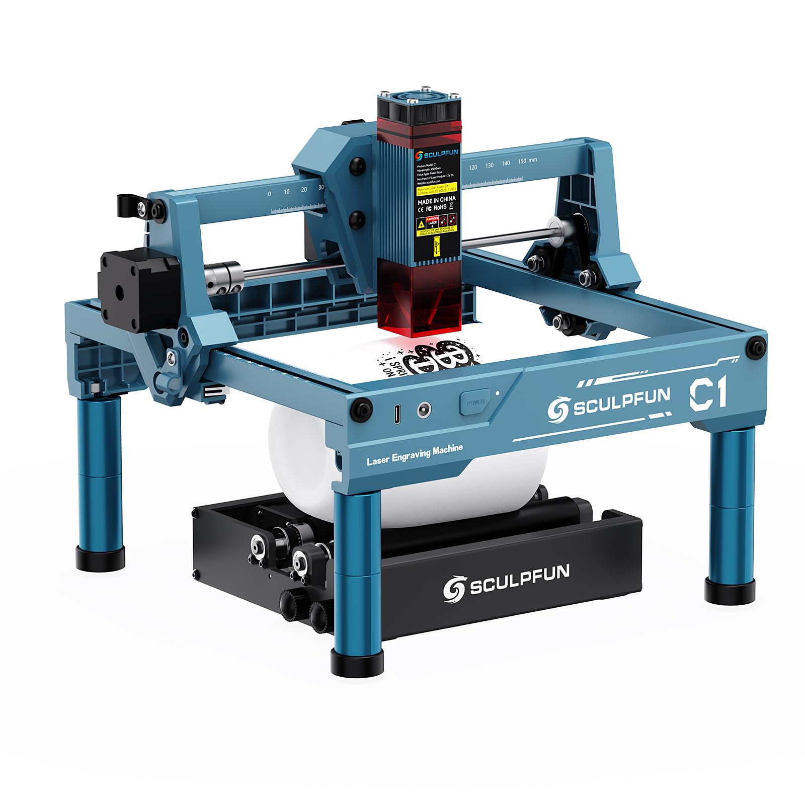 SCULPFUN Grabado láser C1 con rodillo giratorio láser RA Mini, máquina de grabado láser portátil de 3 W, grabado láser de alta precisión de 0,04 mm, rotación de 360 °, grabado cilíndrico