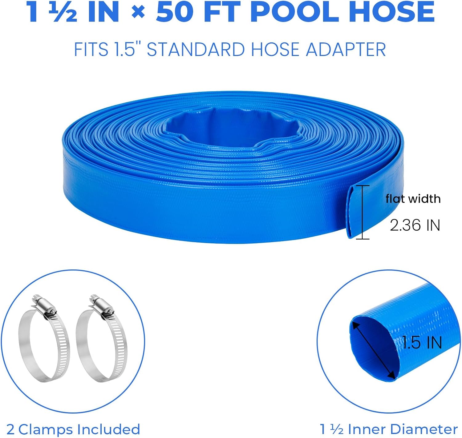 1.5 IN x 50 FT Pool Backwash Hose - Heavy Duty Reinforced Flat PVC Sump Pump Hose for Swimming Pools Pump Discharge & Filter Drainage,Weather and Burst Resistant with Clamp (Blue)