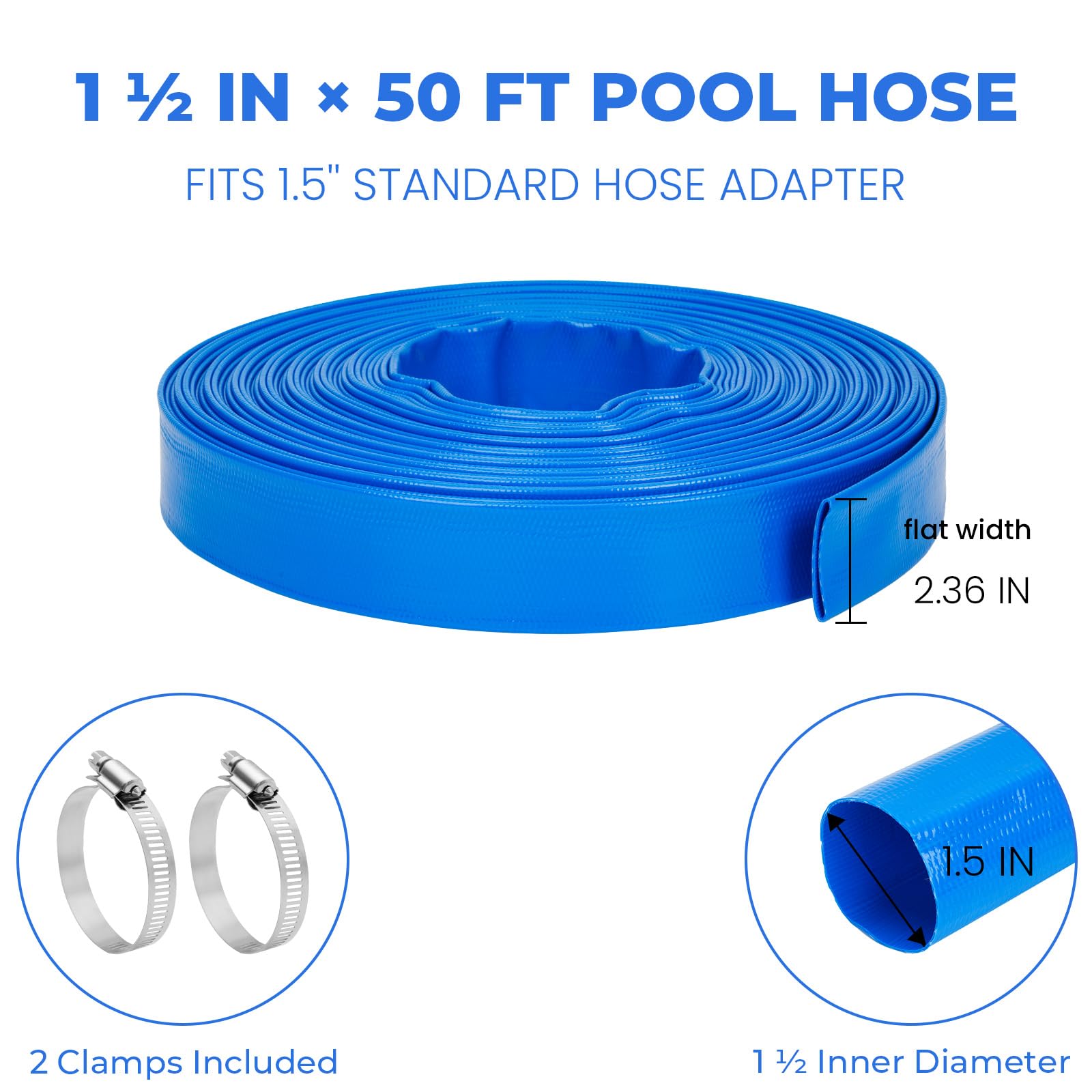 LINEX Pool-Rückspülschlauch, 3,8 cm x 15,7 m, Schwimmbadpumpenschlauch für Sumpfpumpen-Entladung, robuster Pool-Ablaufschlauch für Innenpool, Filterpumpe, Wasserablauf, platzfest, Klemme (blau)