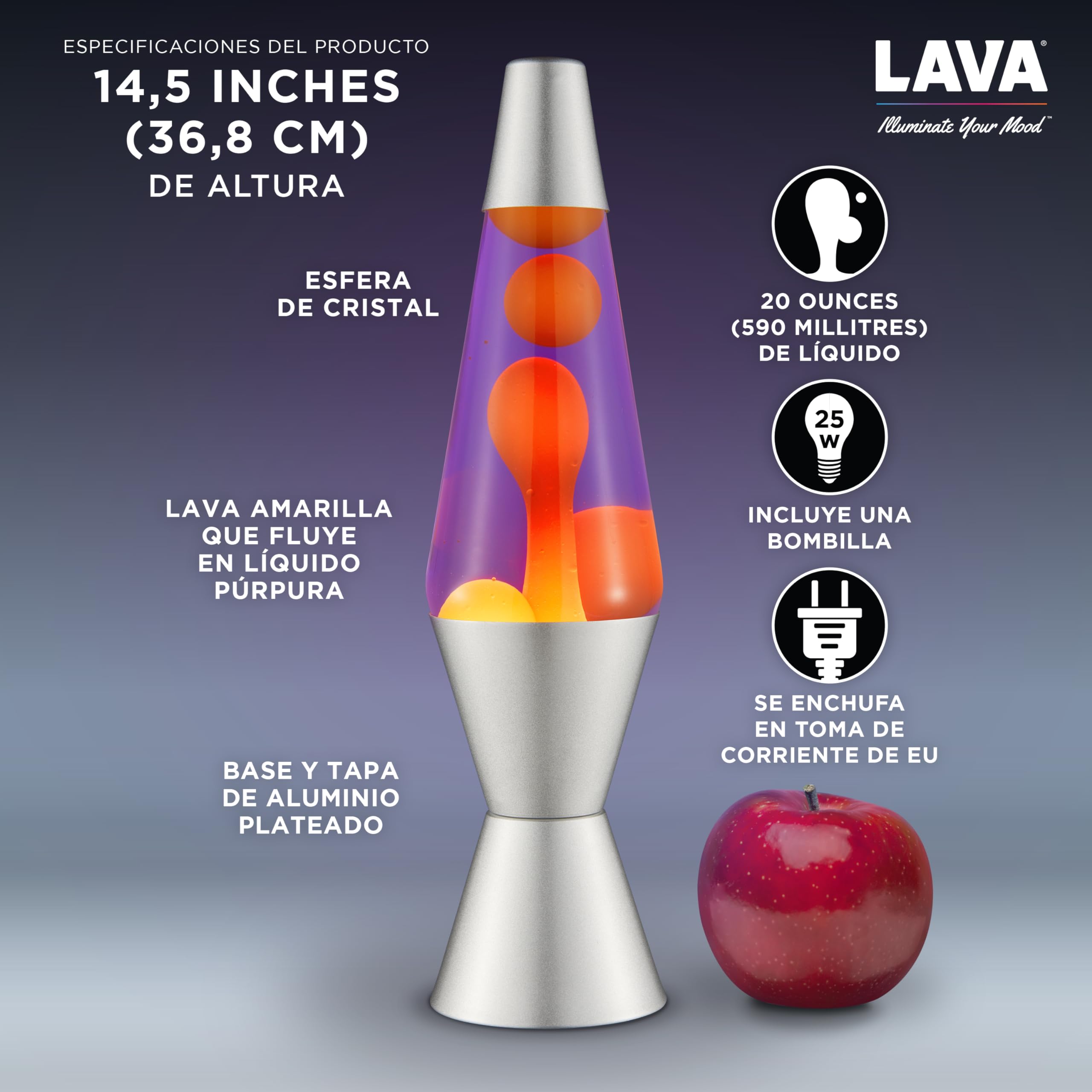 LAVA® - Lámpara Lava 2125, cera amarilla, líquido morado, base y tapa plateados, original de 14,5 pulgadas. Lámpara de movimiento marca LAVA®