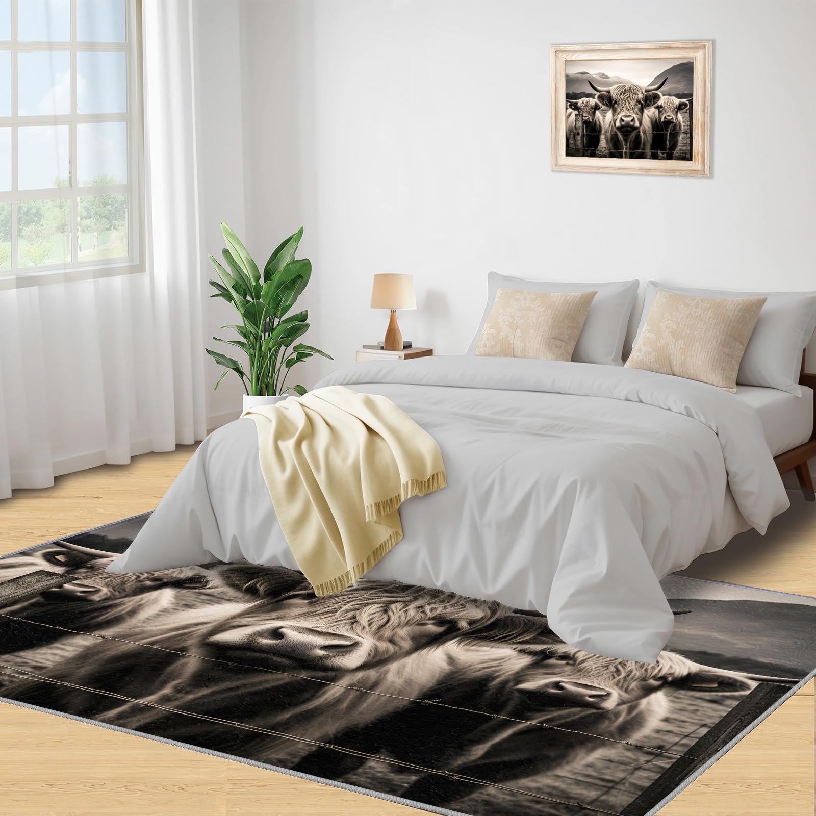 Highland Cow Teppich 80 x 120 cm – rutschfest, waschbar, Bauernhaus-Tier-Design, Indoor-Teppich für Schlafzimmer, lustiges süßes Kuh-Thema für Kinder, Jugendliche und Jungen, grau-weiße
