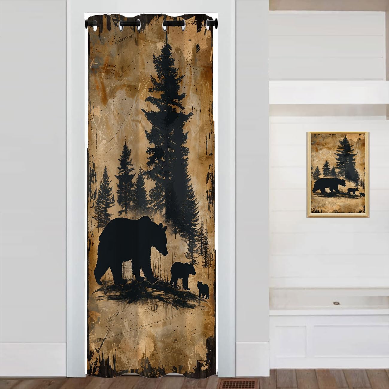 Rustic Bear Door Curtain for Doorway, Vintage Cabin Wildlife Animal Bears Room Darkening Blackout Curtain for Bedroom Living Room Closet Door, 1 Panel 42" W X 80" L