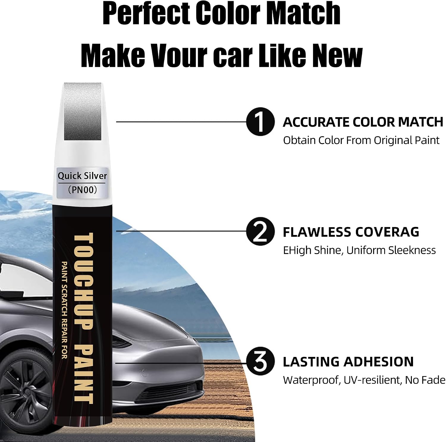 Quicksilver(PN00) Car Paint Touch Up Pen Compatible with Tesla,2-In-1 Color Accurate Touch Up Car Scratch Repair Paint Match Tesla Series Automotive Scratch Remover for Nicks & Chips Repair