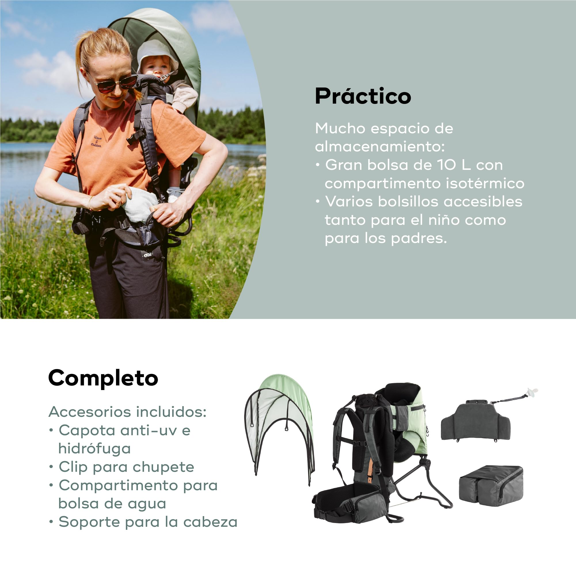 Babymoov Mochila portabebés para senderismo Moov & Hike: ergonómica con asiento ajustable y reposacabezas acolchado, con capota, bolsa de almacenaje 10l (Verde)